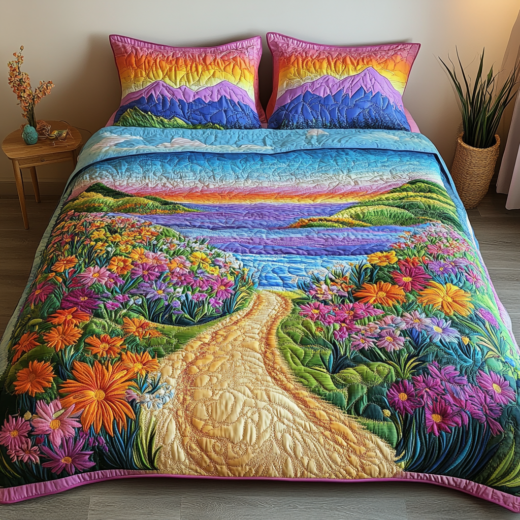 Beach Blossom Quilted Bedding Set Aesthetic Room Decor Best Surfing Presents