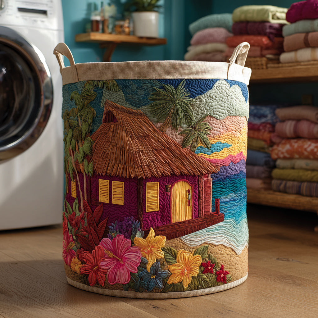 Beach Cabana Quilted Laundry Basket Trendy Quilted Laundry Tote for Home and Dorm