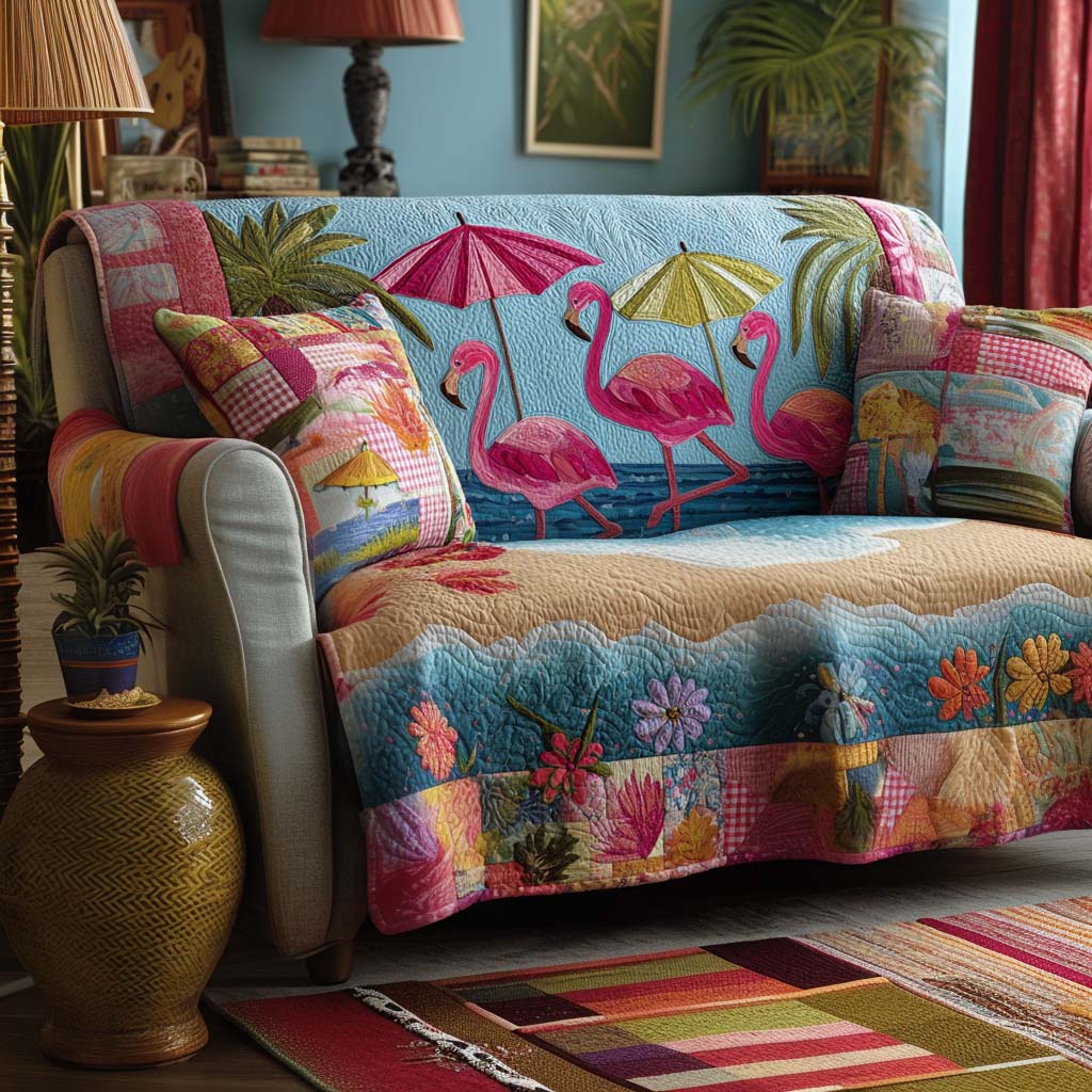 Beach Flamigo Trio Quilted Sofa Cover Living Room Decor Flamingo Themed Presents
