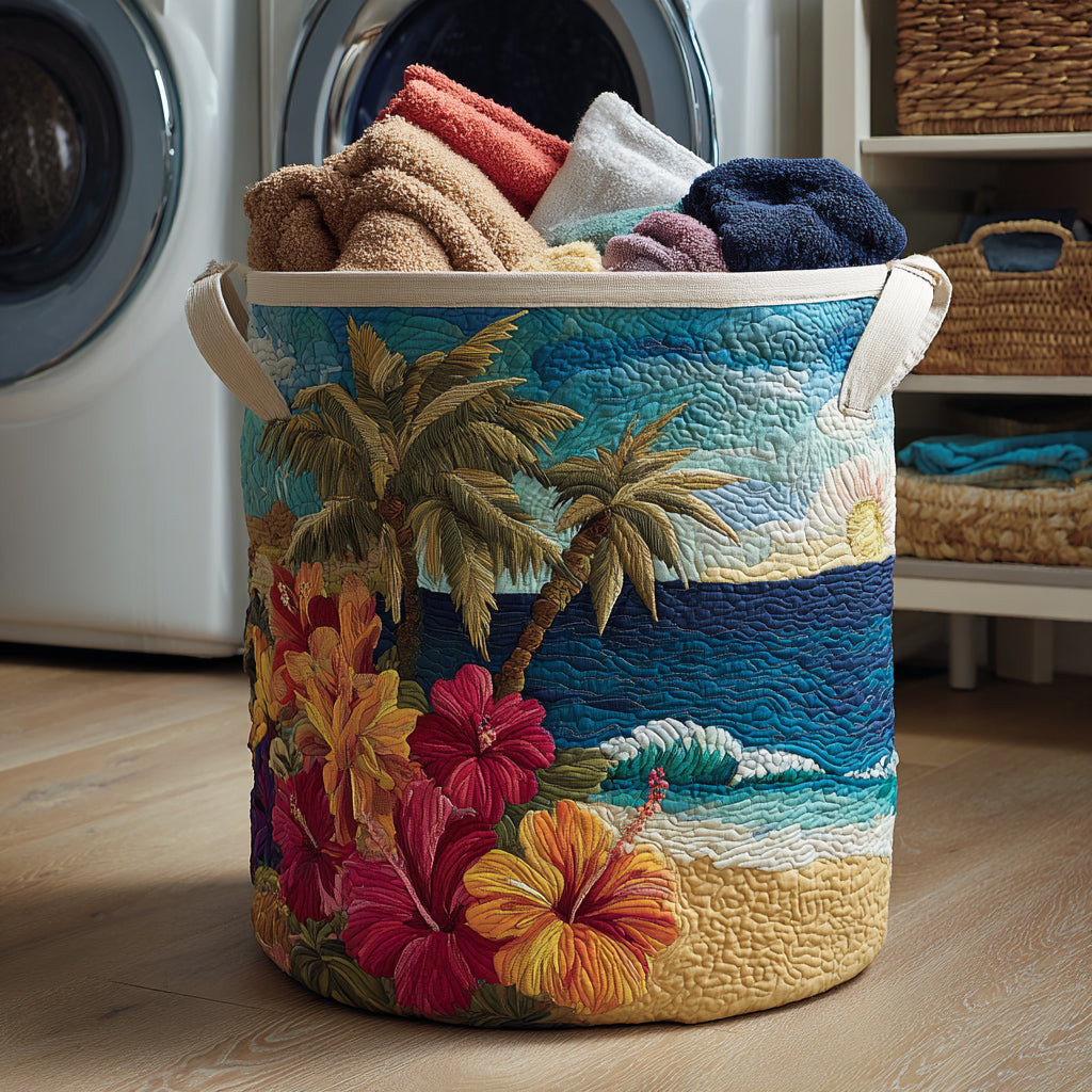 Beach Hibiscus Quilted Laundry Basket Spacious Quilted Laundry Organizer for Everyday Living