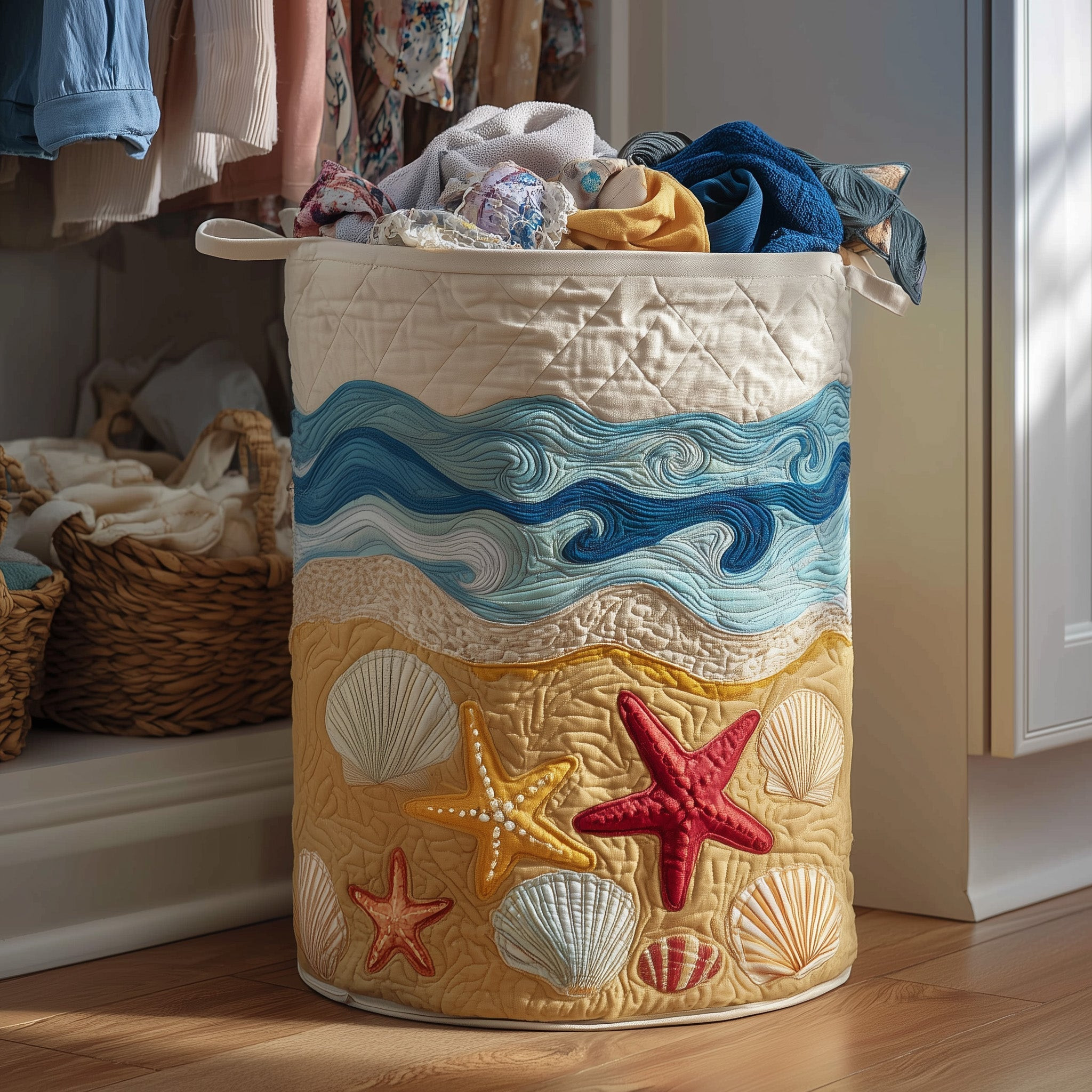 Beach Joy Quilted Laundry Basket Aesthetic Home Decor Cool Gifts For Mother