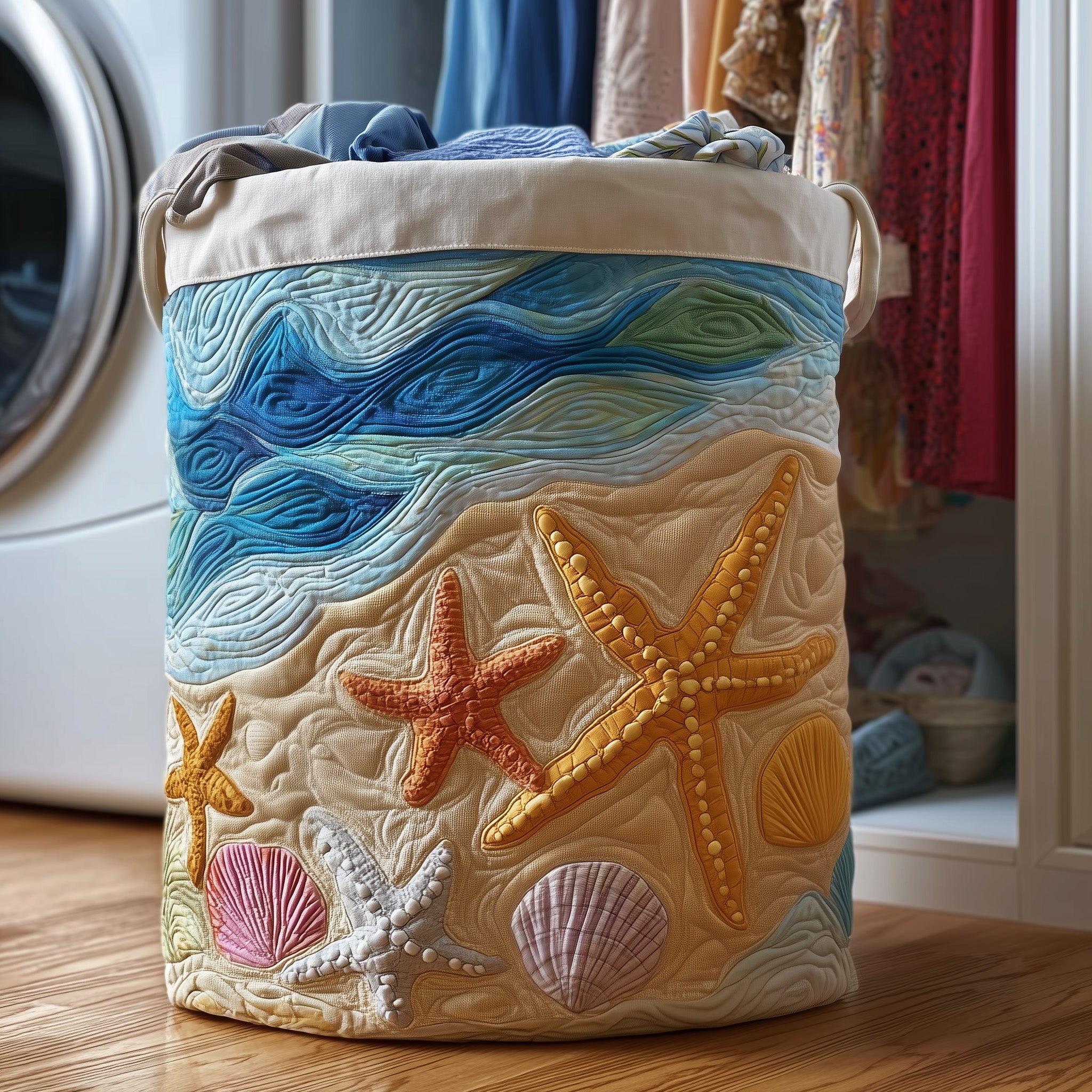 Beach Joy Quilted Laundry Basket Clothes Hamper Storage Best Presents For Starfish Lovers