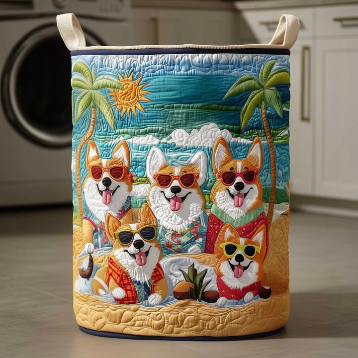 Beach Party Corgi Dogs Quilted Laundry Basket Summer Home Decor Best Gift Ideas For Corgi Dog Lovers