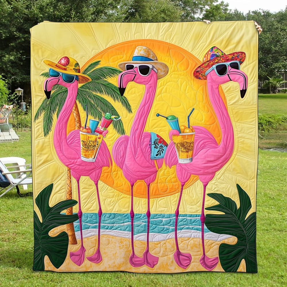 Beach Party Flamingos Quilted Blanket Tropical Summer Art Cozy Bedding Warm Throw Gift For Her