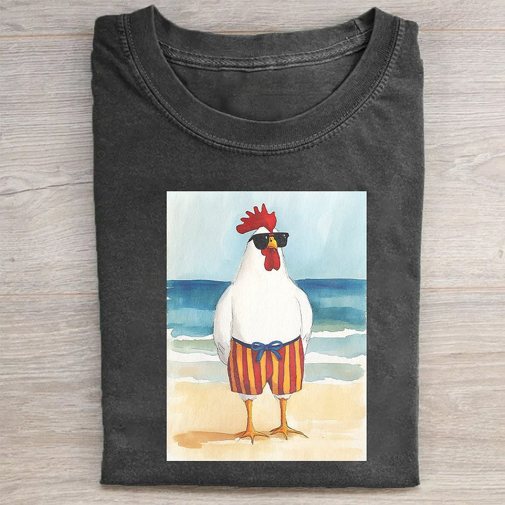 Beach Rooster Graphic T-Shirt Funny Chicken Lover Tee For Men And Women