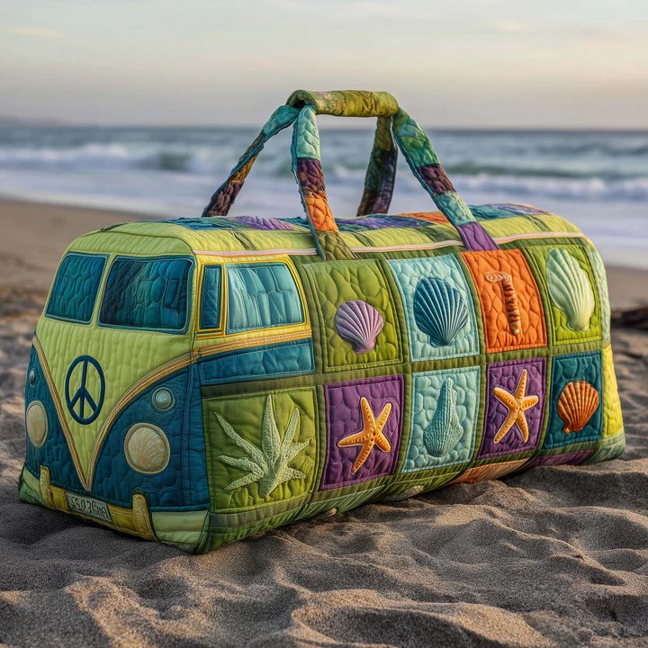 Beach Seashell VW Bus Quilted Duffle Bag Ocean Travel Bag Best Gift For Beach Lovers