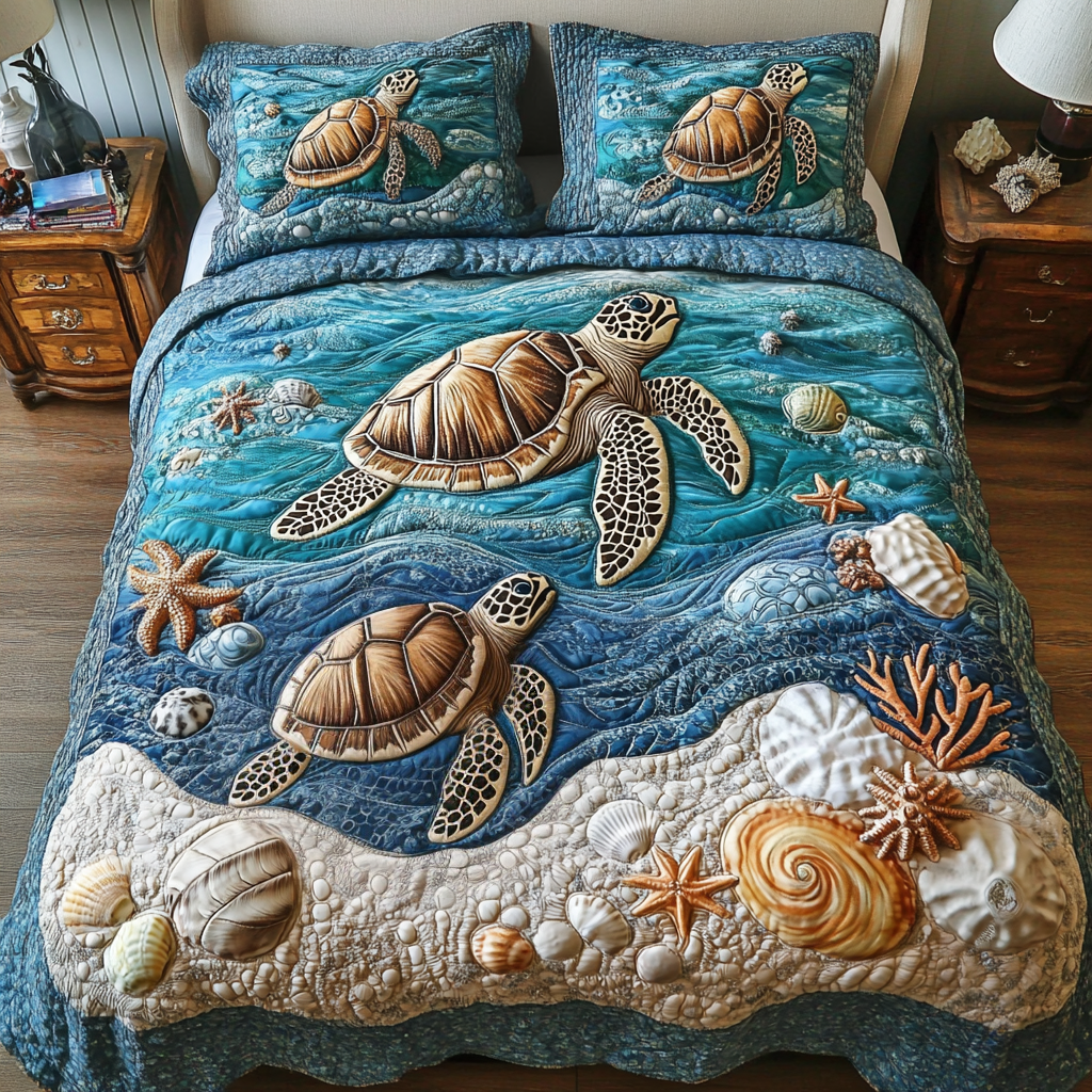 Beach Serenity Quilted Bedding Set Bed Decorations Gift Ideas For Sea Turtle Lovers
