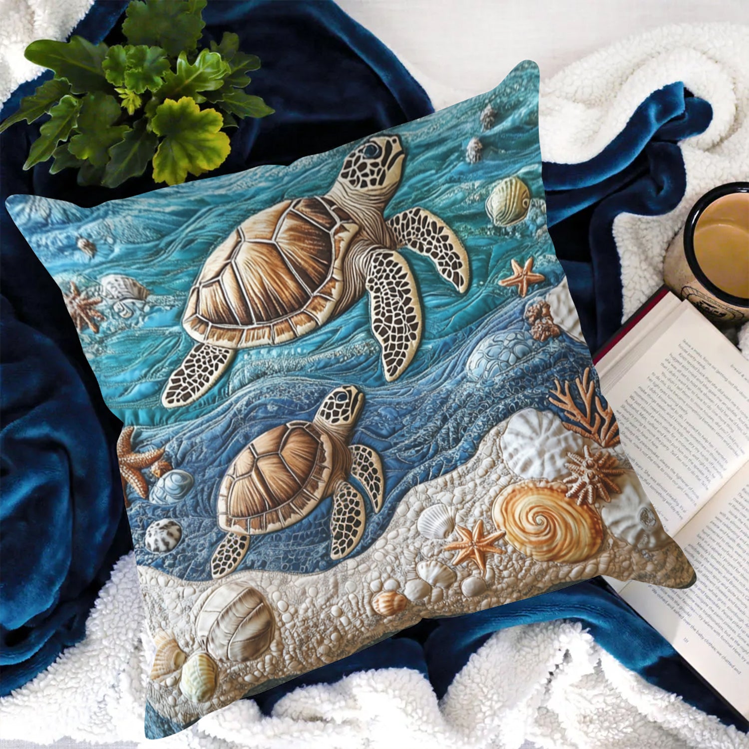 Beach Serenity Quilted Pillow Case Throw Pillow Case Covers Gift For Turtle Lover