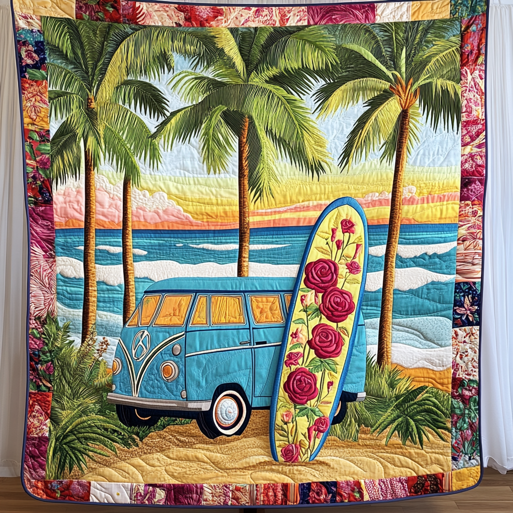Beach Van Bloom Quilted Blanket Cute Throw Blanket Ocean Themed Christmas Gifts