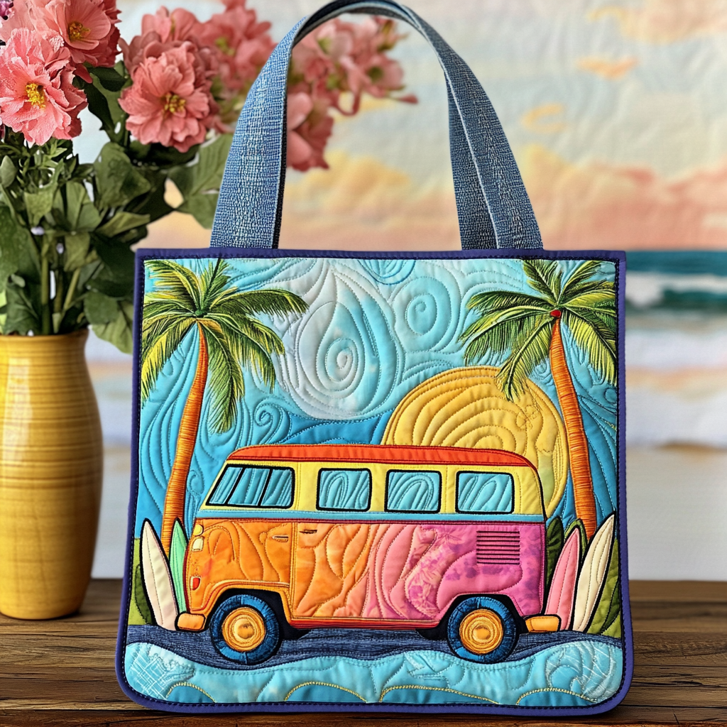 Beach Van Vibes Quilted Tote Bag Good Gifts For Beach Lovers