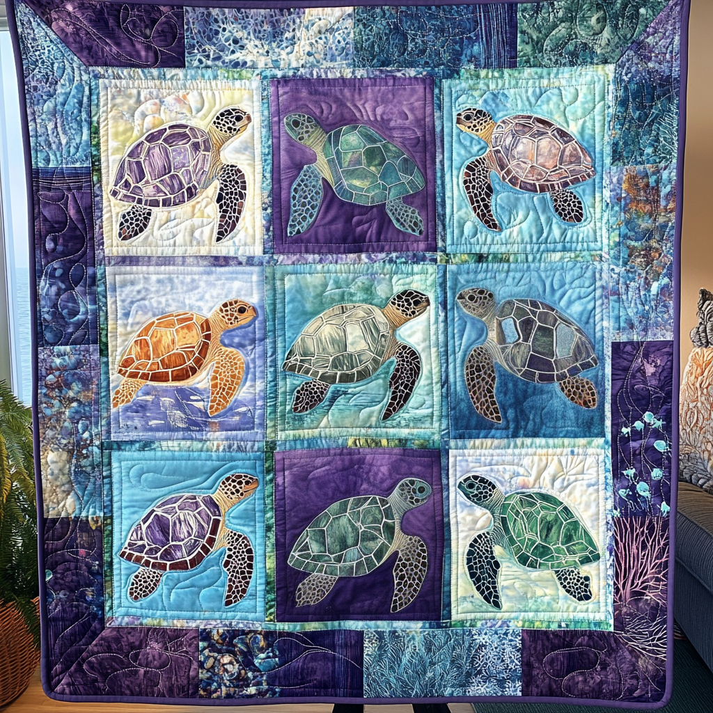 Beachfront Harmony Quilted Blanket Gift For Turtle Lover