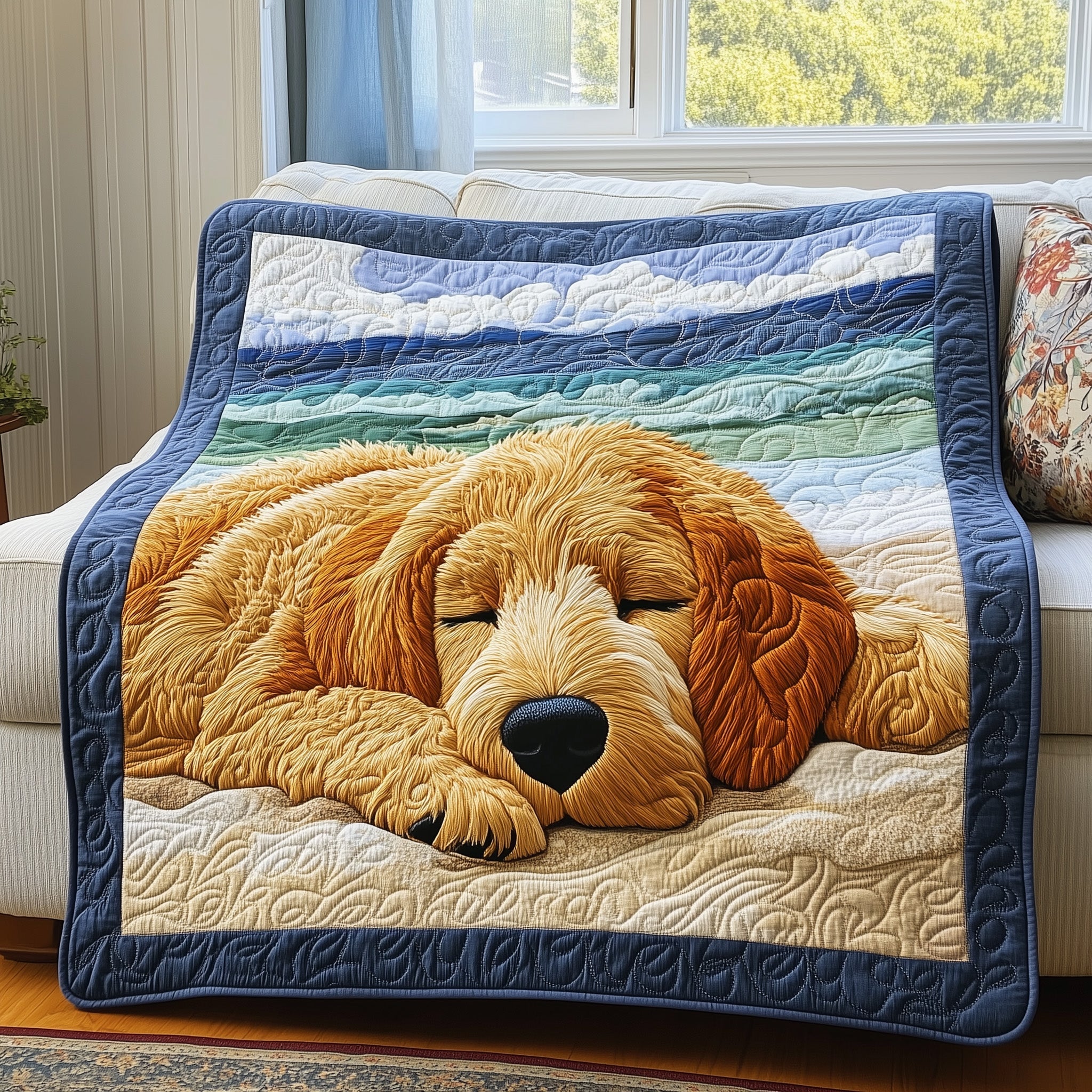 Beachside Doodle Dog Cute Puppy Quilted Blanket Beach Peace Best Gifts For New Puppy Owners