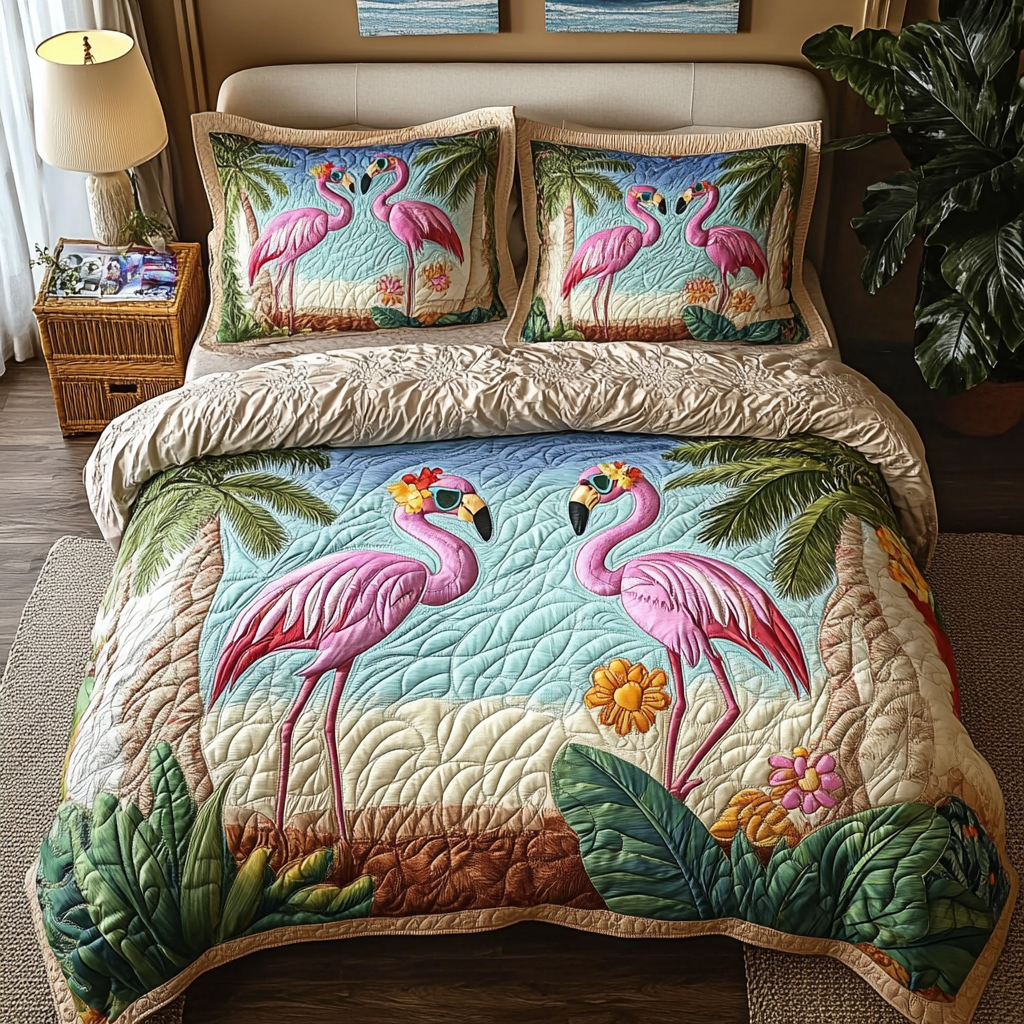 Beachside Flamingos Quilted Bedding Set Duvet Cover Bed Sheet Set Flamingo Christmas Presents