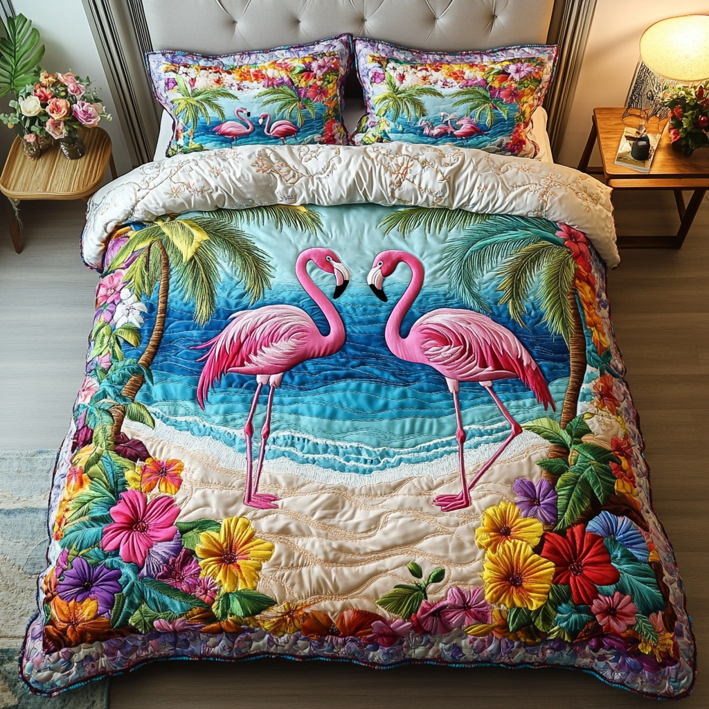 Beachy Flamingo Quilted Bedding Set Bed Room Decoration Flamingo Birthday Gift Ideas