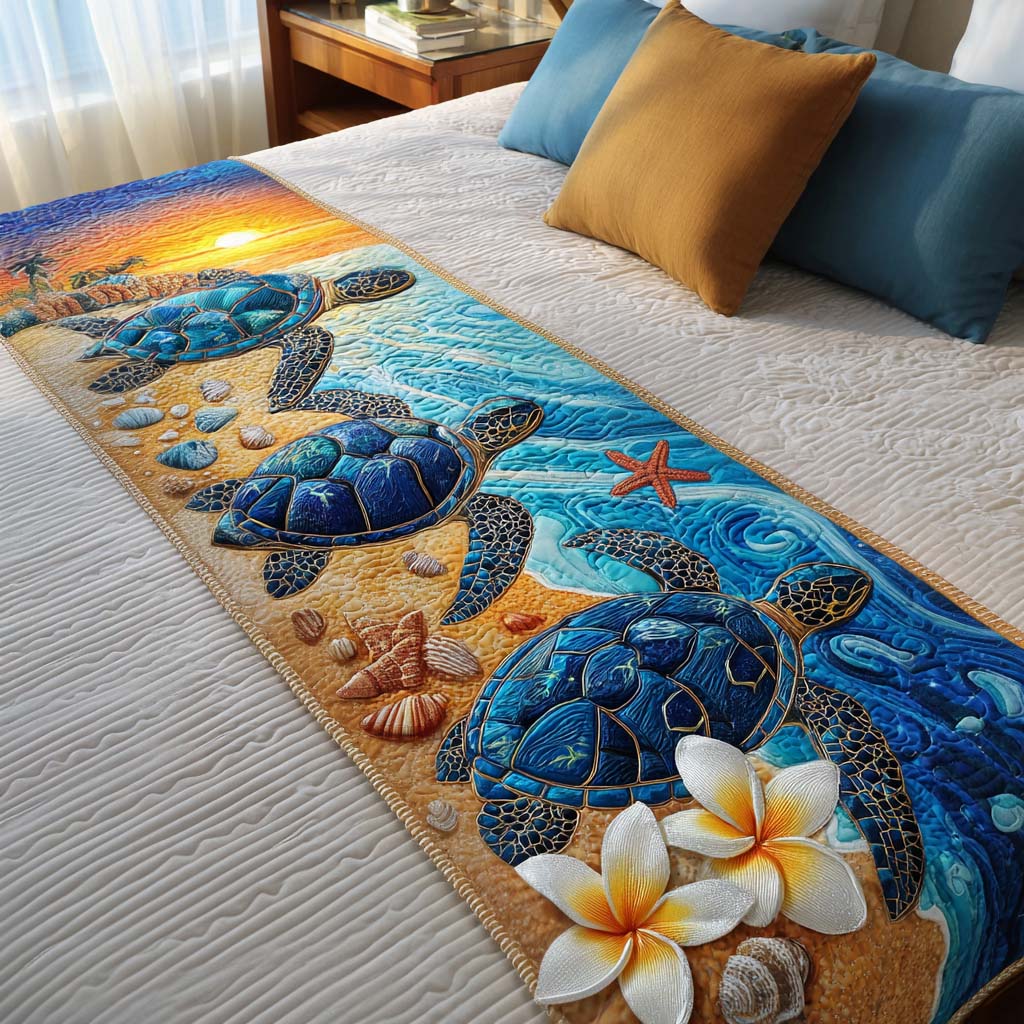 Beachy Turtle Dream Quilted Bed Runner Cute Room Decor Sea Turtle Gifts For Her