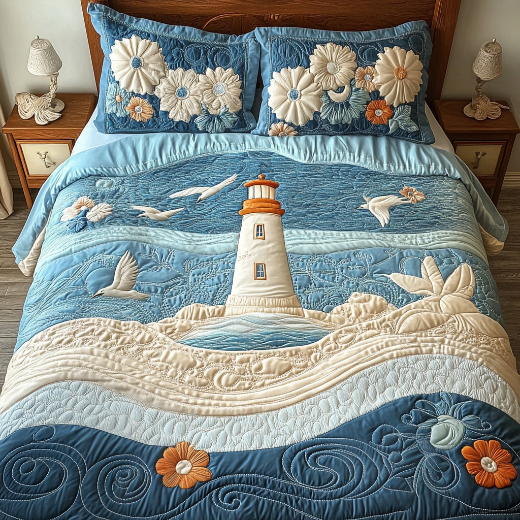 Beacon Waves Quilted Bedding Set Bed Decor Ideas Lighthouse Gift Ideas For Him
