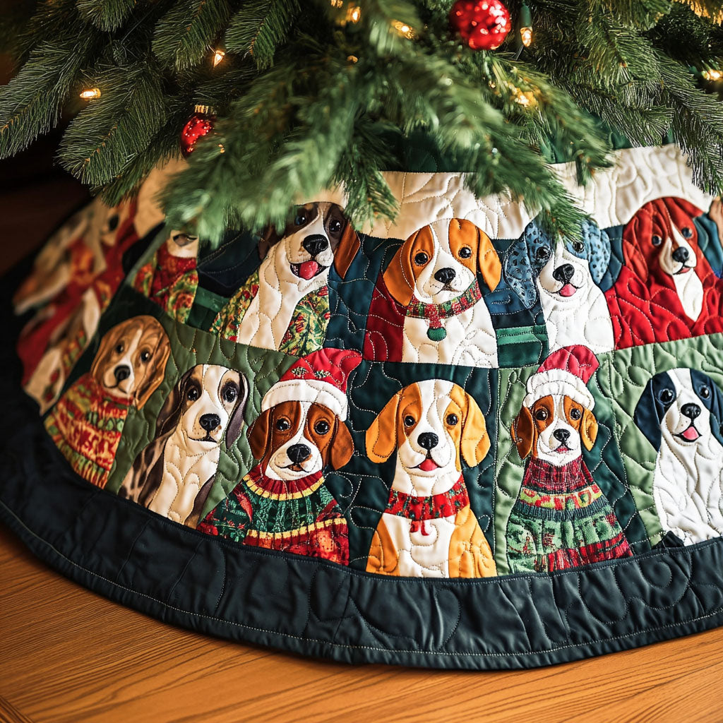 Beagle Christmas Tales Quilted Christmas Tree Skirt Holiday Tree Base Decoration Family Holiday Gathering Decor