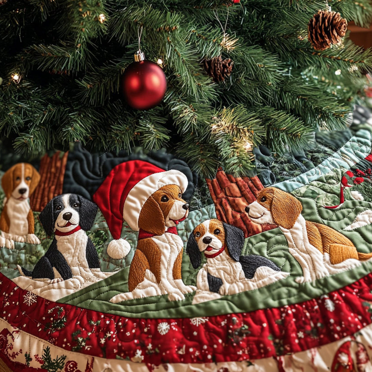 Beagle Jingle Paws Quilted Christmas Tree Skirt Festive Christmas Tree Skirt for Holiday Decor