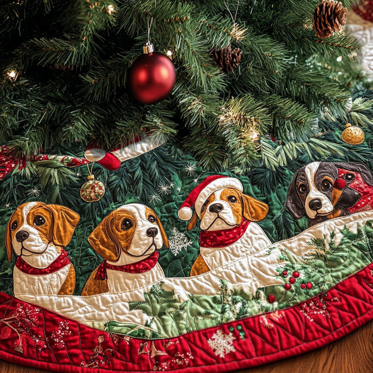 Beagle Joy Parade Quilted Christmas Tree Skirt Family Holiday Gathering Decor