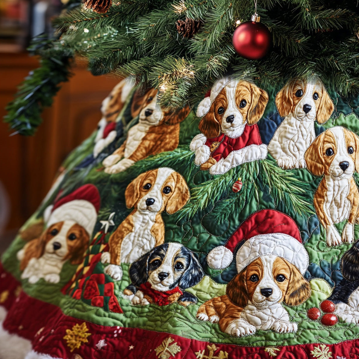 Beagle Paw Prints Quilted Christmas Tree Skirt Seasonal Tree Area Decoration