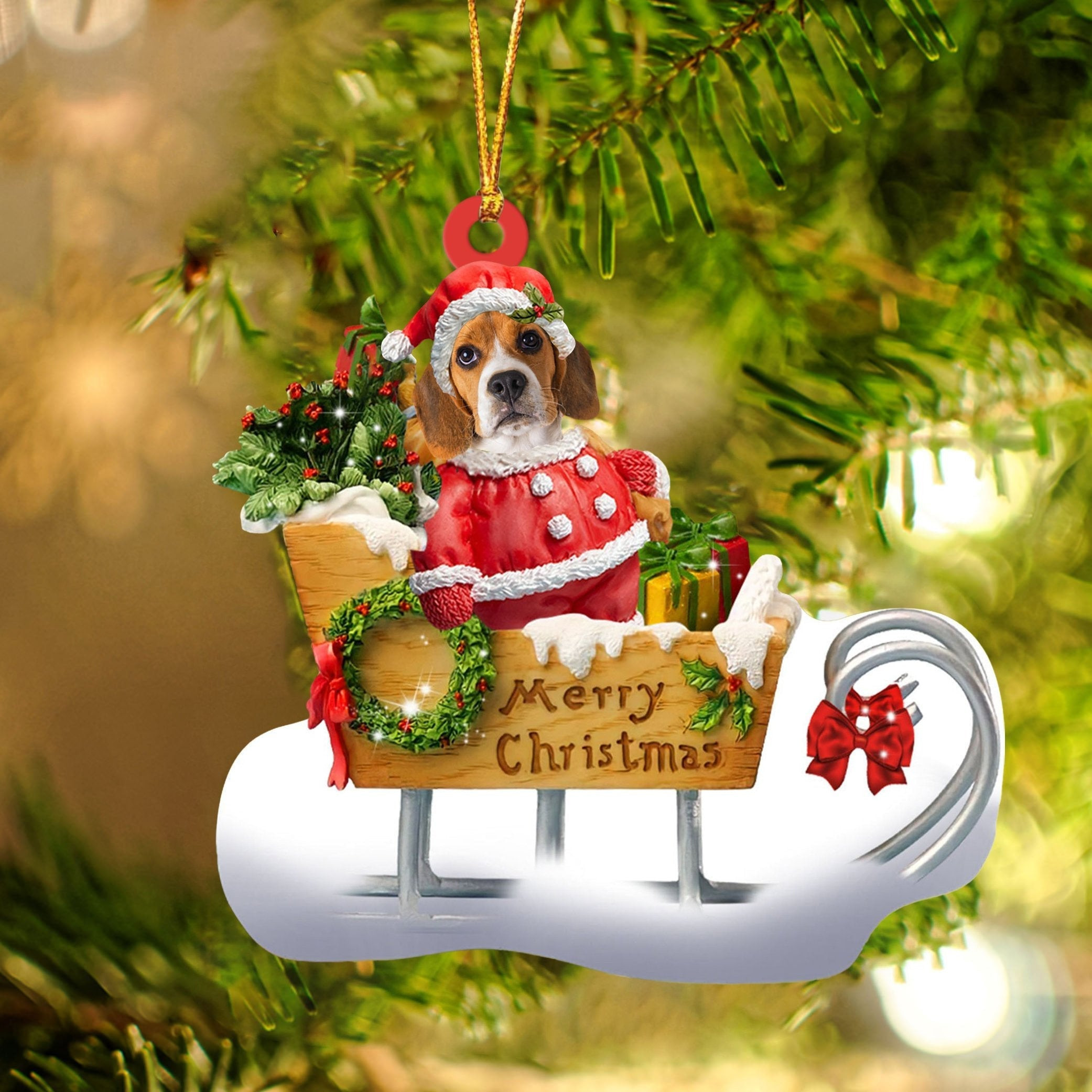 Beagle Sitting On A Cute Sleigh Ornament Flat Acrylic Funny Dog Ornament