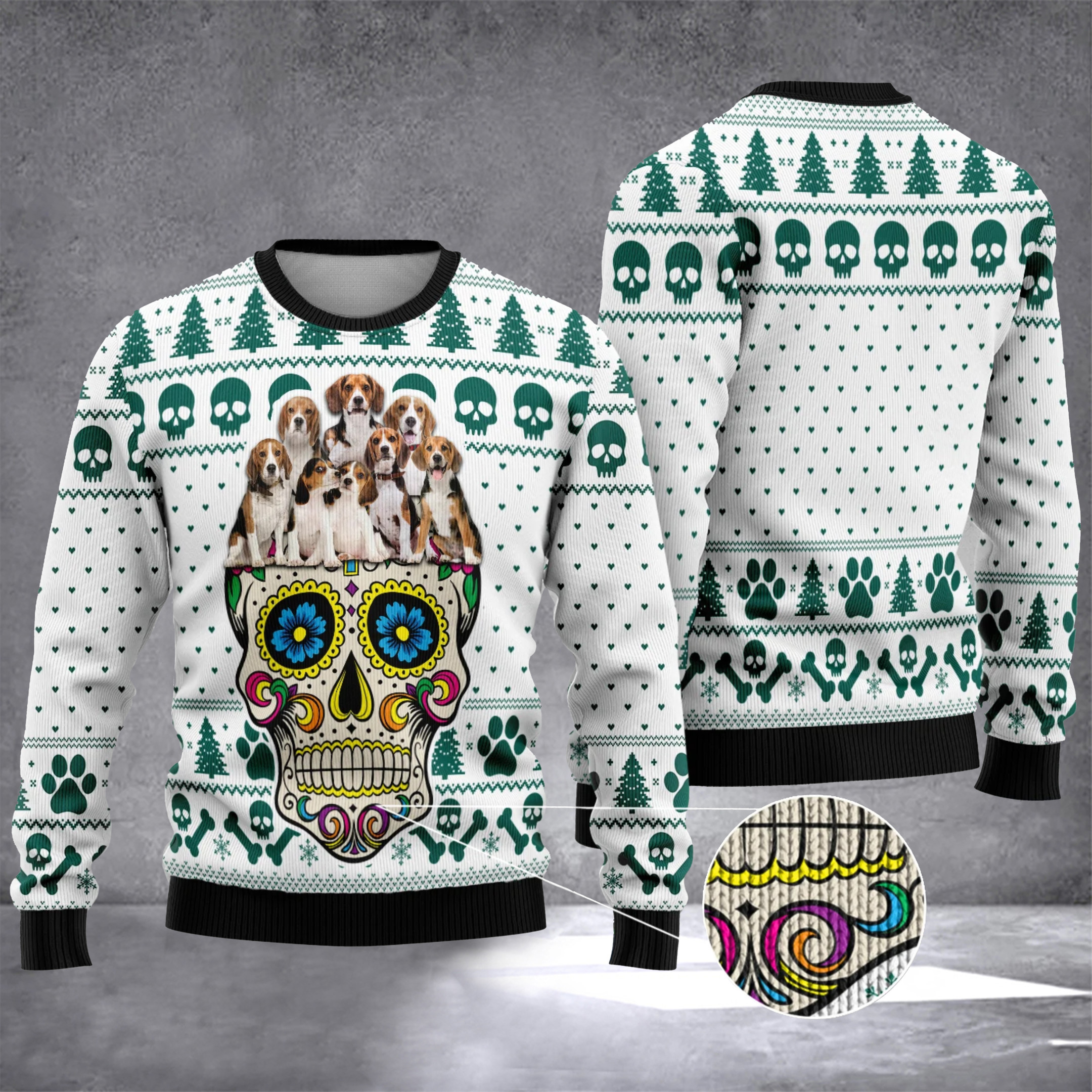 Beagle Sugar Skull Ugly Christmas Sweater Beagle Lover Skull Xmas Sweater Gift For Cousin