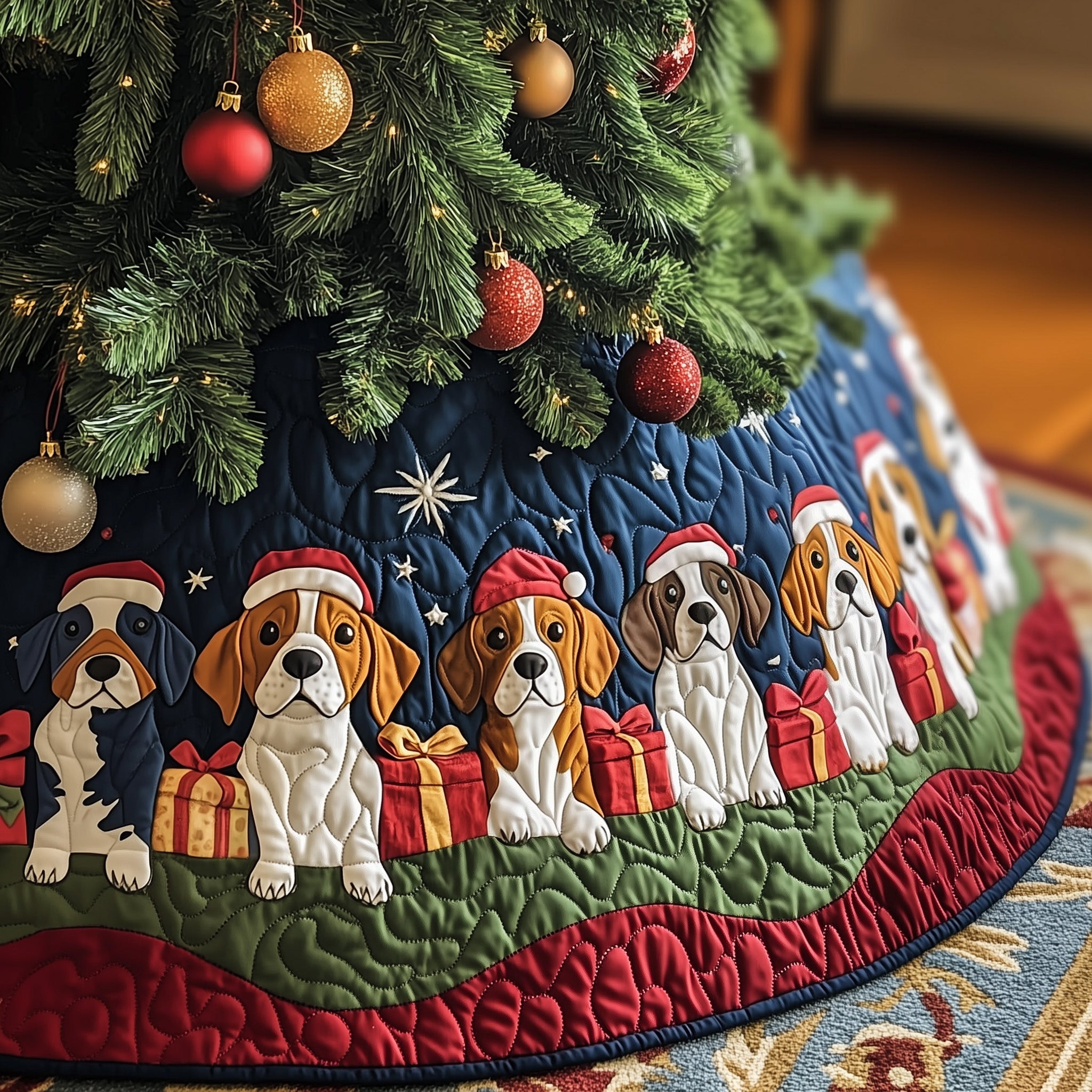 Beagle Target Tree Skirt Cute Santa Puppy Quilted Holiday Decor Gift