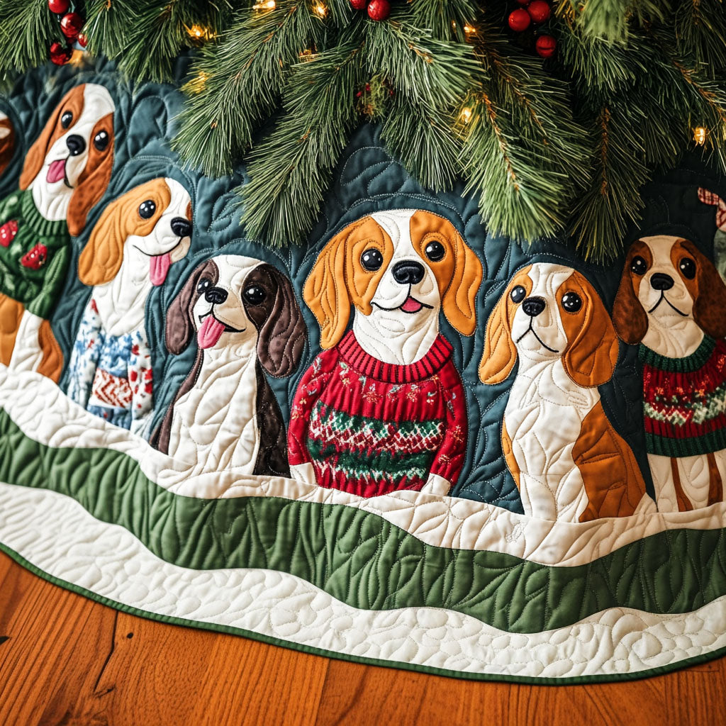 Beagle Winter Whimsy Quilted Christmas Tree Skirt Holiday Living Room Decor