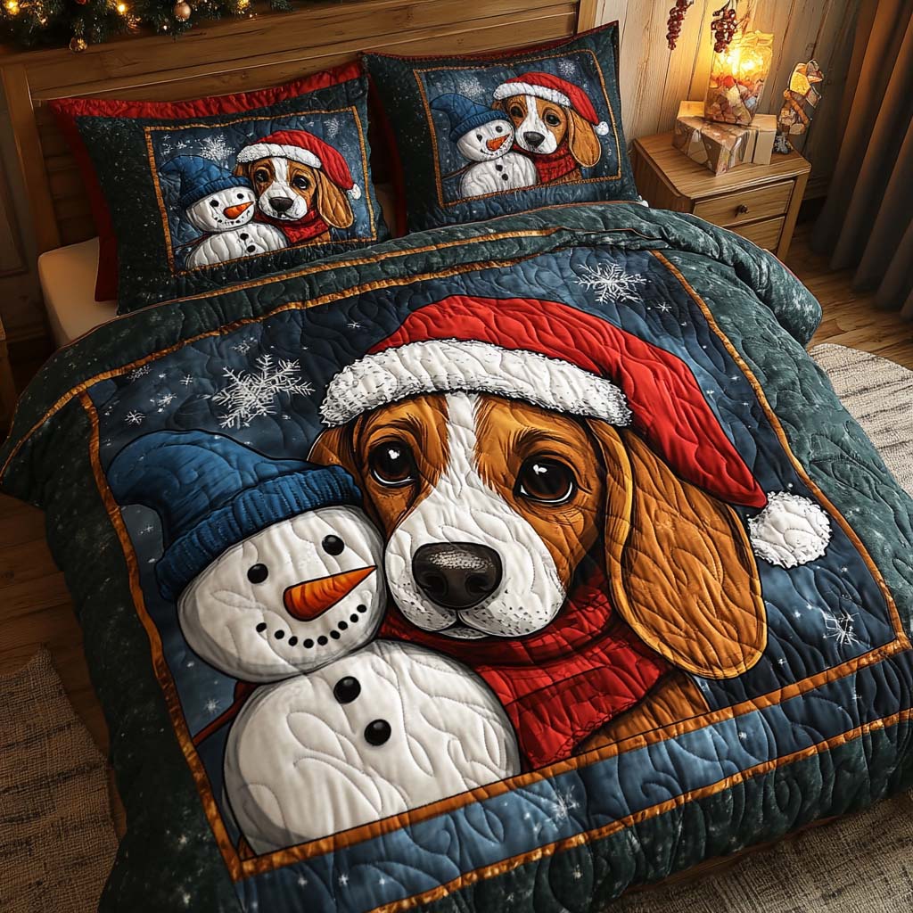 Beagle With Snowman Quilted Bedding Set Xmas Holiday Duvet Cover Set Christmas Gift Ideas For Dog Owners