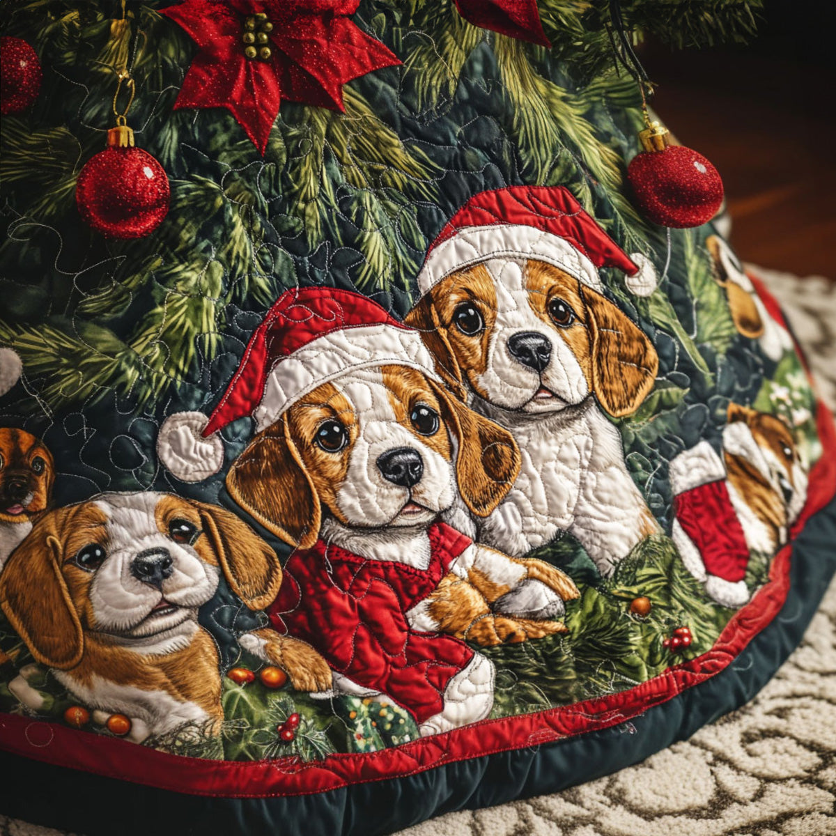 Beagle Wonderland Quilted Christmas Tree Skirt Cozy Holiday Home Decor