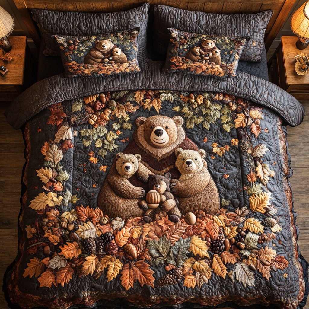 Bear Among the Leaves Quilted Bedding Set Bed Decor Unique Gifts For Bear Lovers