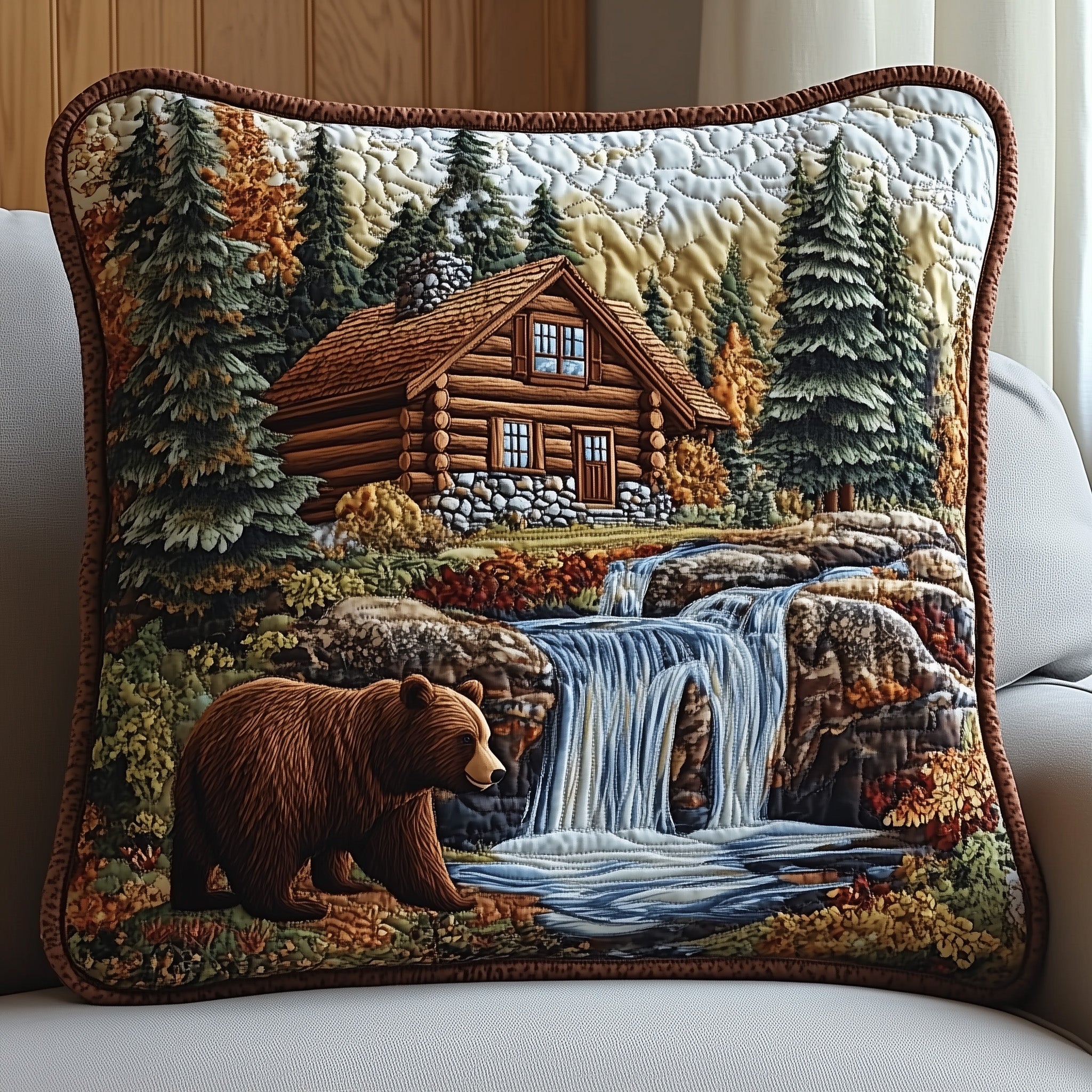 Bear And Cabin Quilted Pillow Case Gift For Him