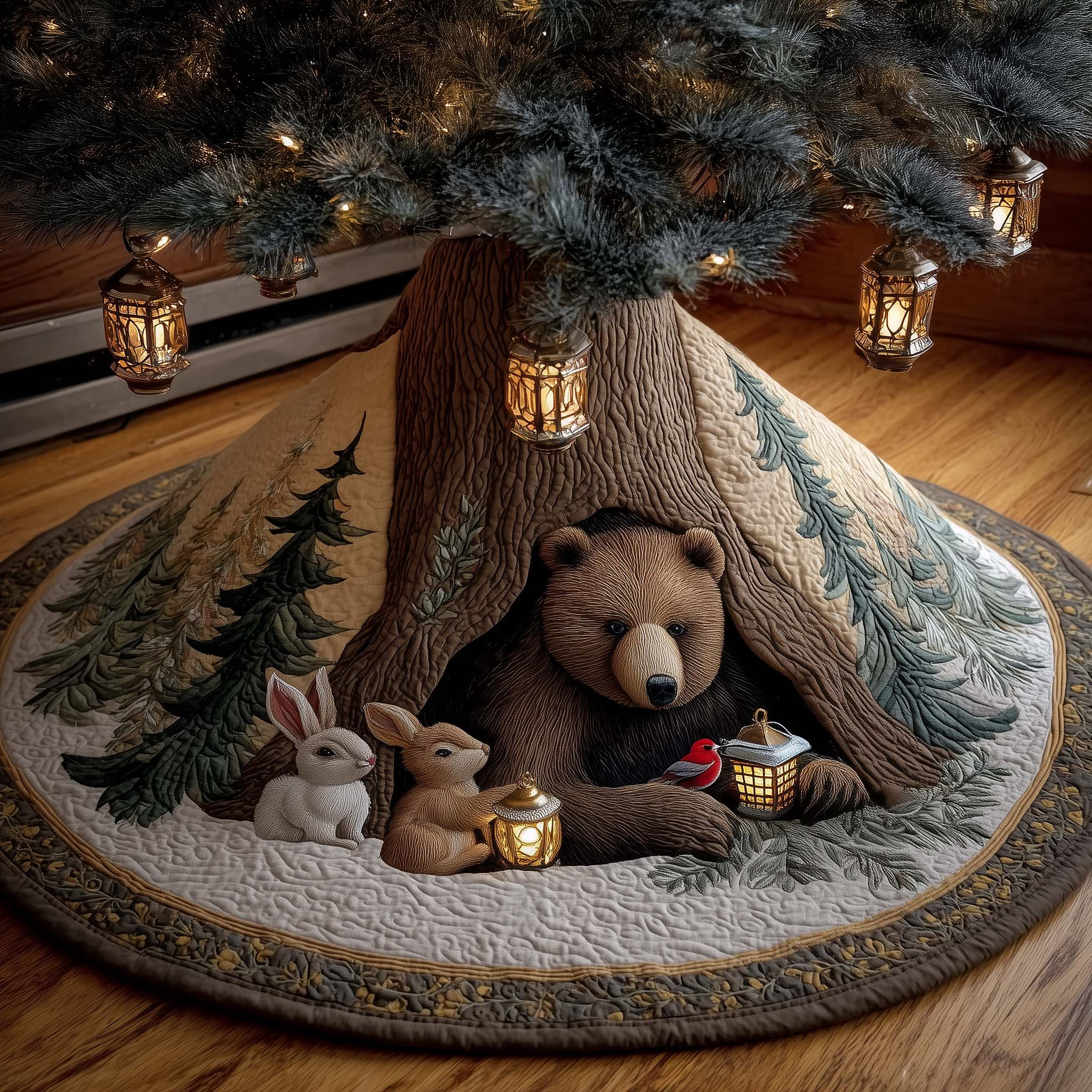 Bear And His Cozy Friends Christmas Quilted Tree Skirt Xmas Tree Surround Bear Presents