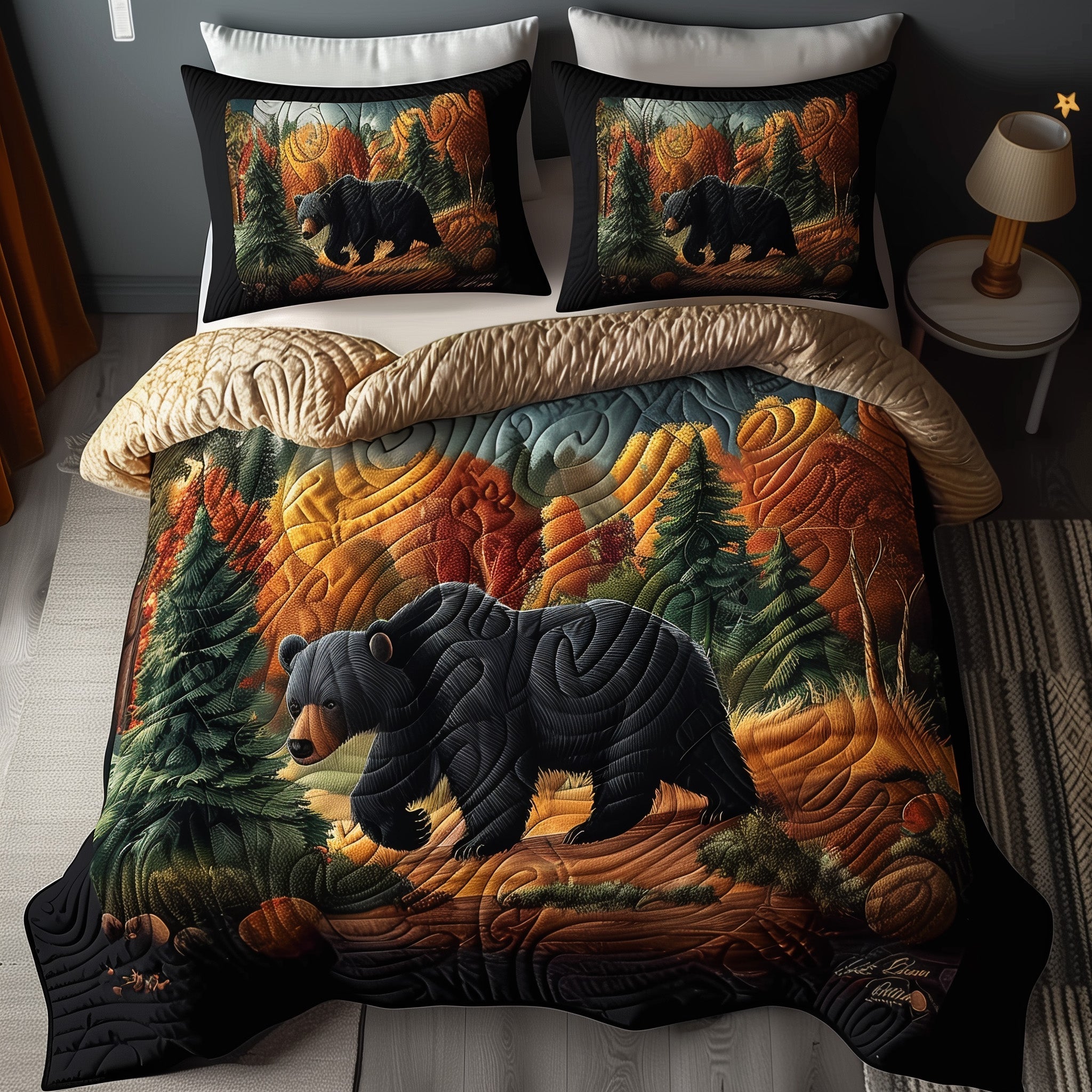 Bear Autumn Wanderer Quilted Bedding Set Duvet Cover Bedspread Bear Christmas Presents