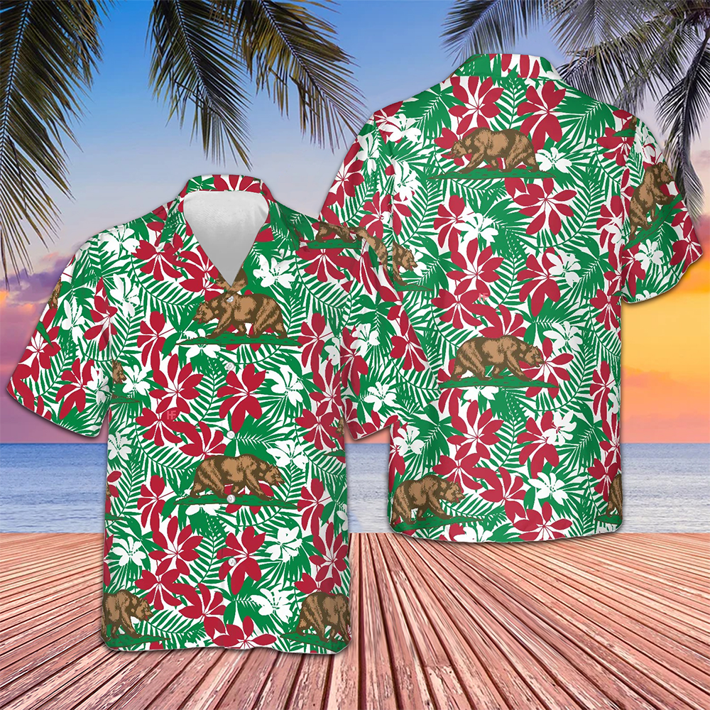 Bear California Flag Pattern Hawaiian Shirt Patriotic Men's Button Down Shirts For Summer
