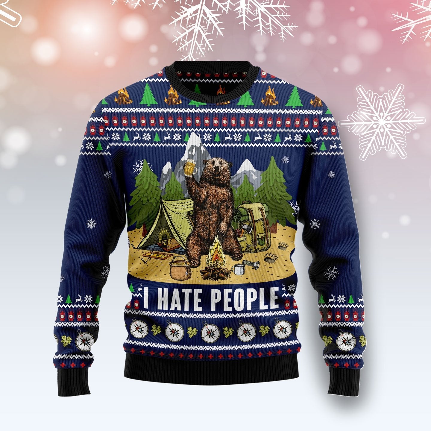 Bear Camping I Hate People Ugly Christmas Sweater Xmas Clothing Gifts For Camping Lovers