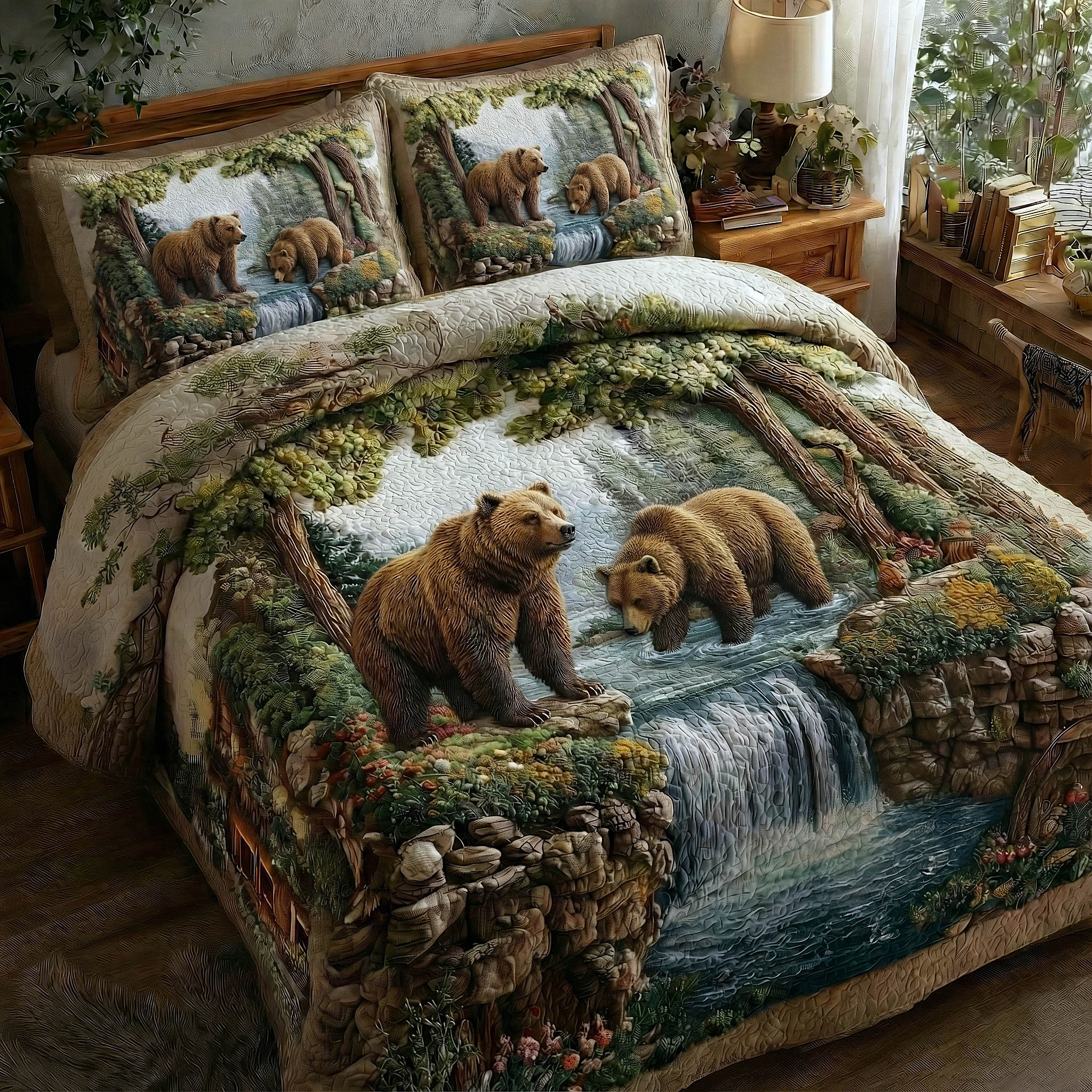 Bear Couple Quilted Bedding Set Wildlife Bedroom Decor Cozy Gift For Nature Lovers