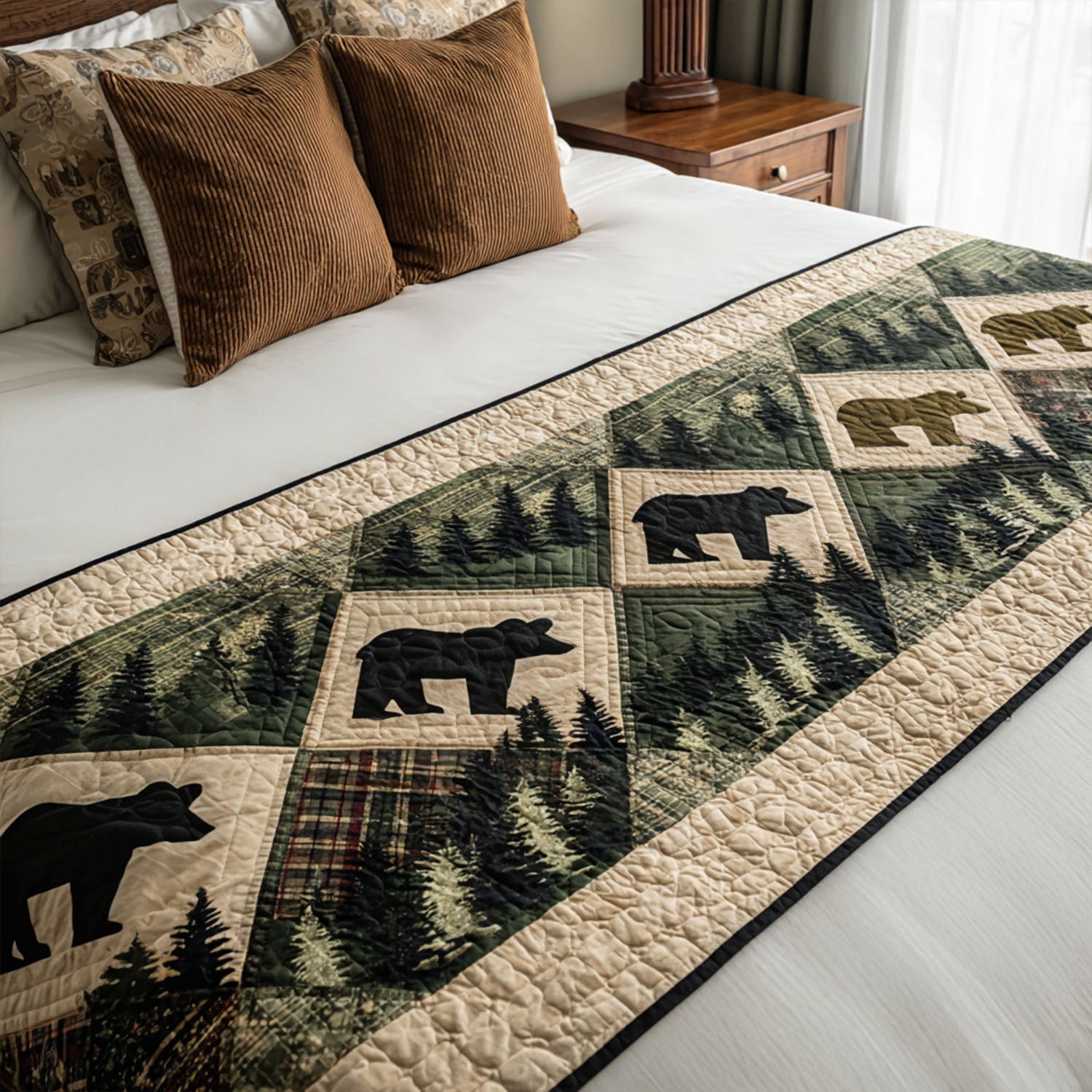 Bear Creek Cabin Quilted Bed Runner Bed Decorations Presents For Wildlife Enthusiasts