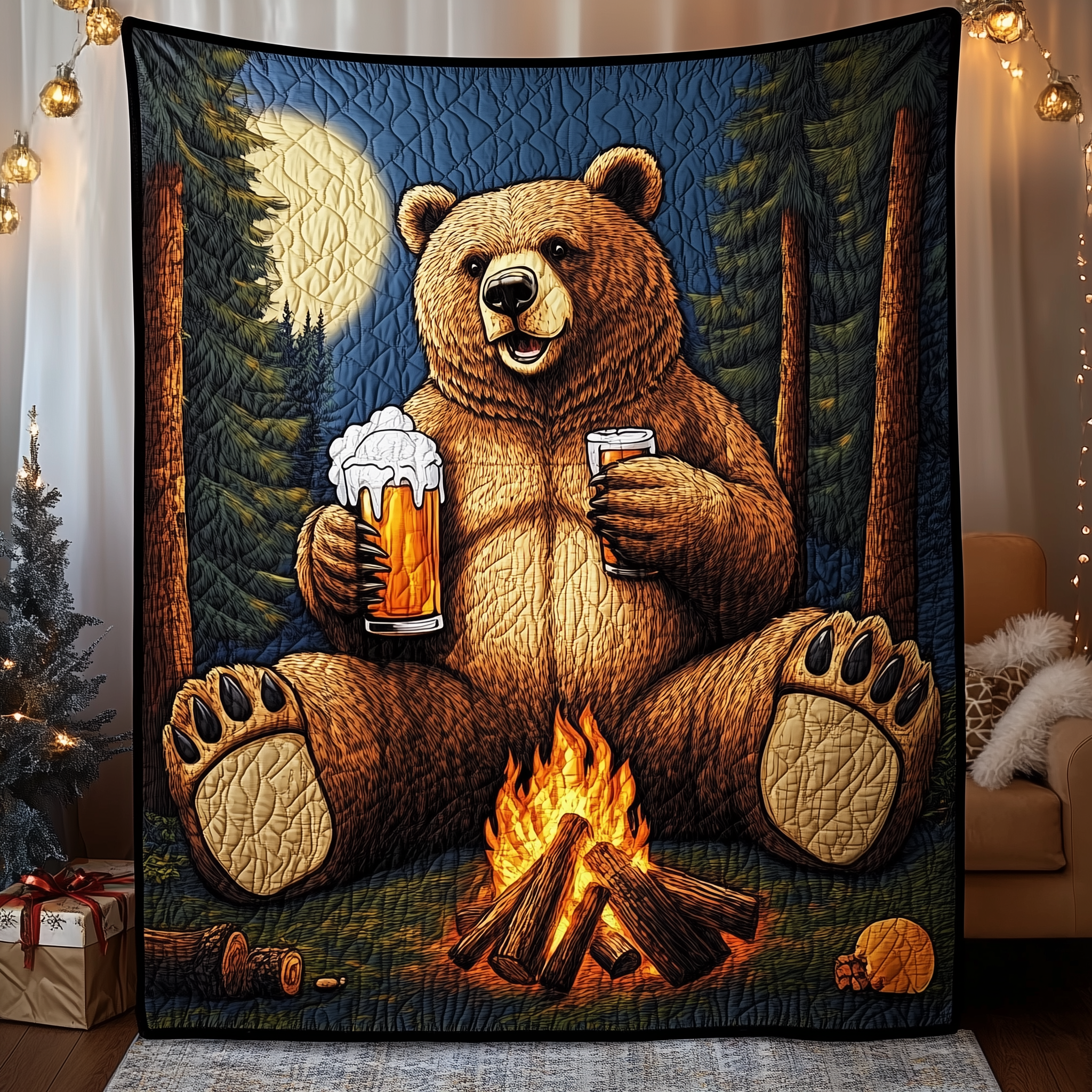 Bear Drinks Beer Camping Forest Quilted Blanket Beer Camper Best Gifts For Bear Lovers Men