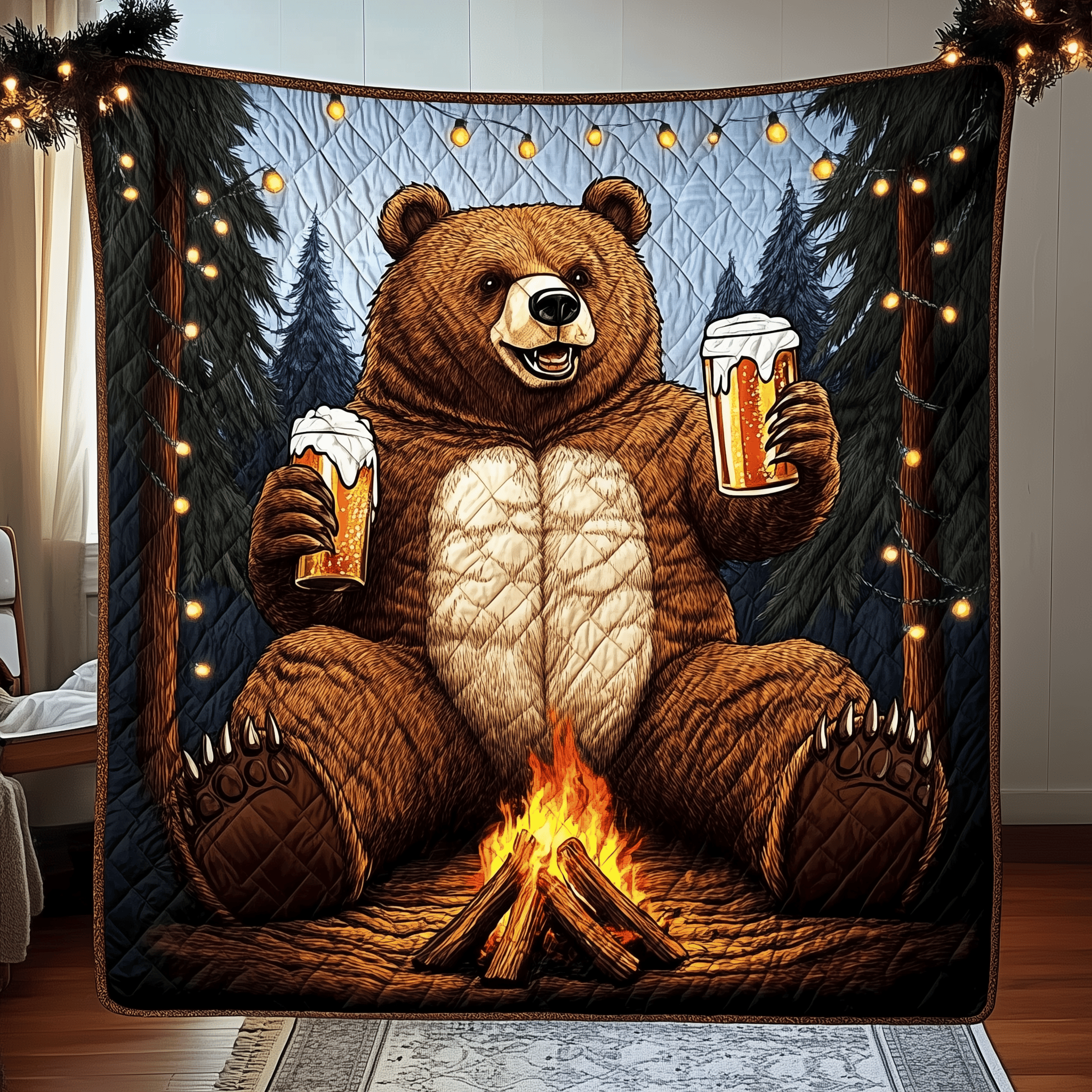 Bear Drinks Beer Camping Quilted Blanket Christmas Throw Blanket Romantic Christmas Gifts