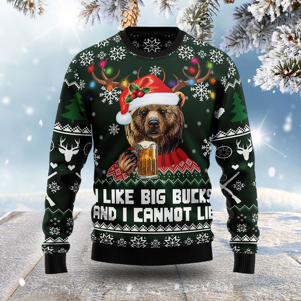 Bear Drinks Beer Ugly Christmas Sweater I Like Big Bucks And I Cannot Lie Christmas Gifts
