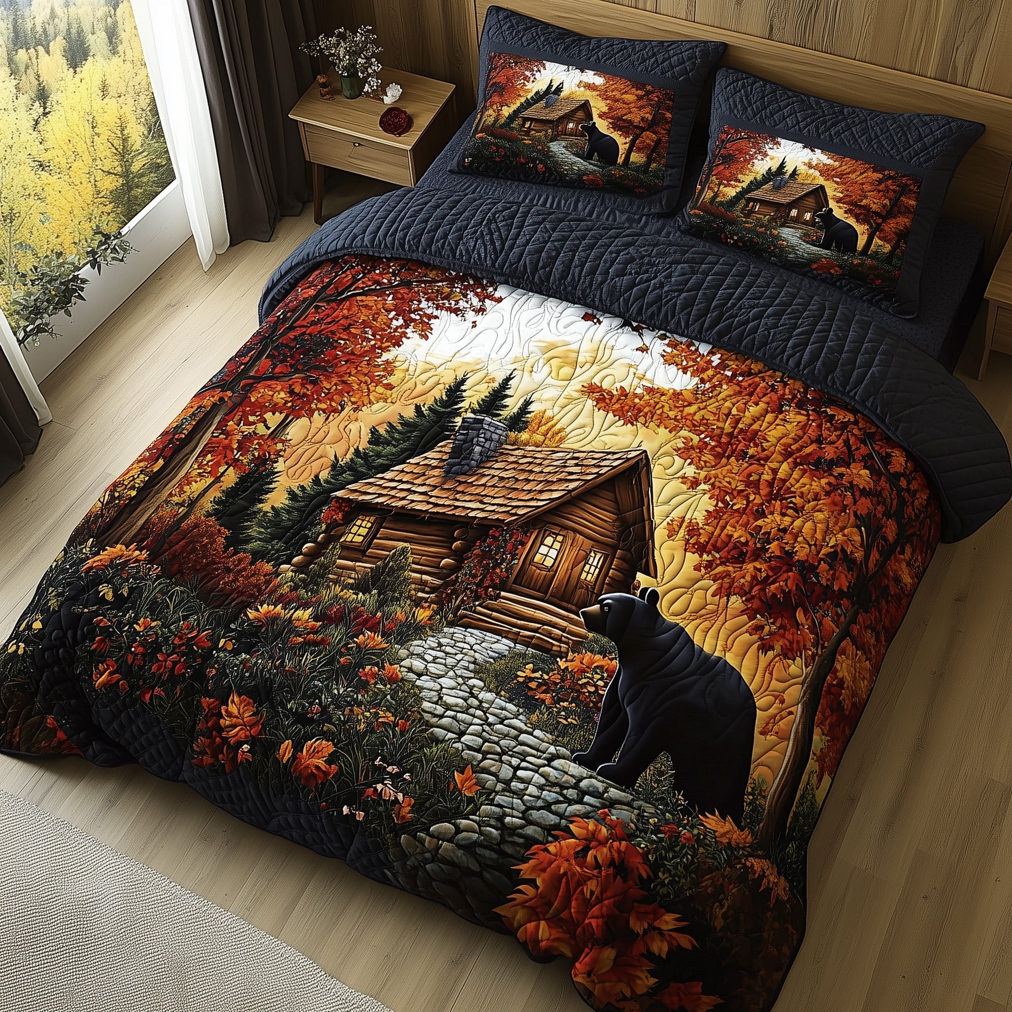 Bear Fall Forest Retreat Quilted Bedding Set Rustic Lodge Decor Cozy Autumn Bedding Gifts