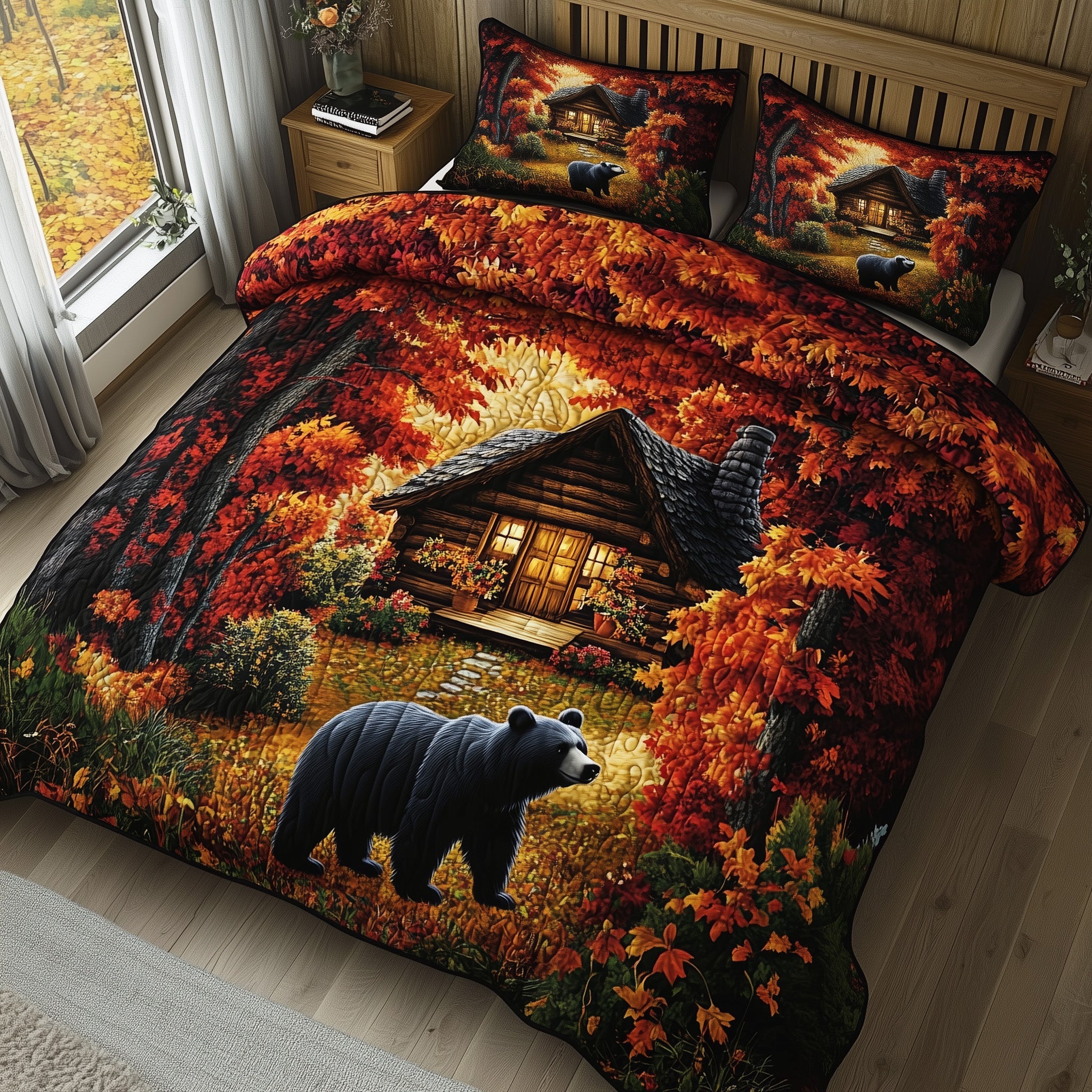 Bear Fall Forest Retreat Quilted Bedding Set Rustic Lodge Decor Cozy Autumn Vibes Bedding Gifts