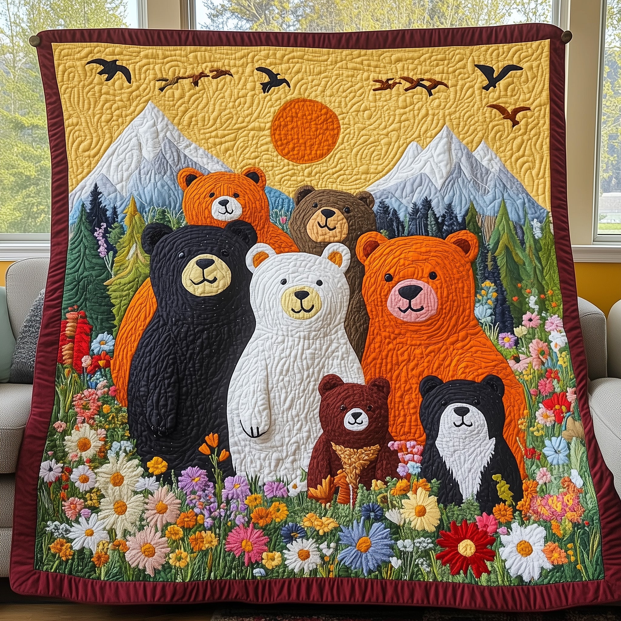 Bear Family Cozy Wildlife Retro Quilted Blanket Retro Outdoors Best Gifts For Bear Lovers Kids