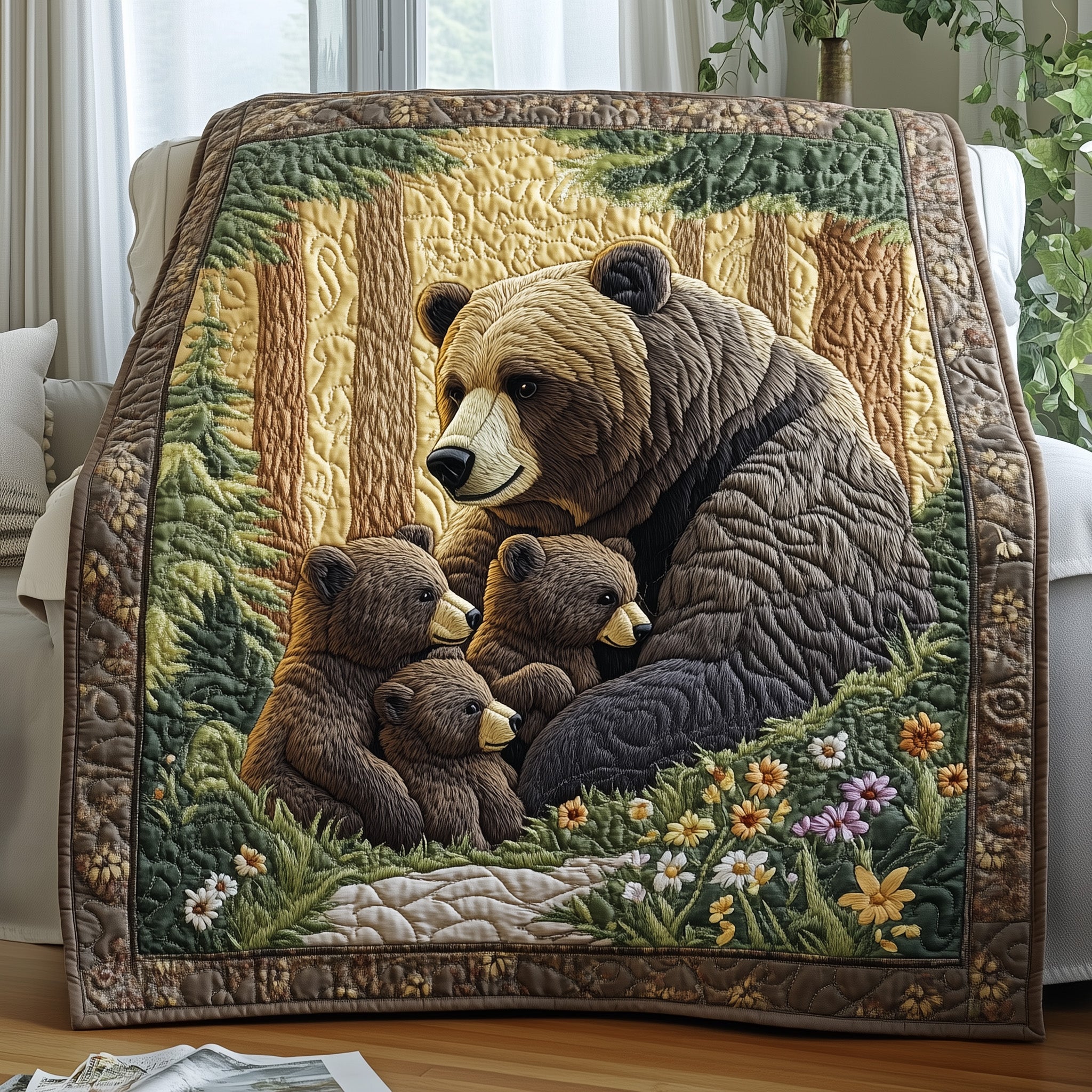 Bear Family Cozy Wildlife Vintage Quilted Blanket Vintage Family Best Gifts For Bear Lovers Men