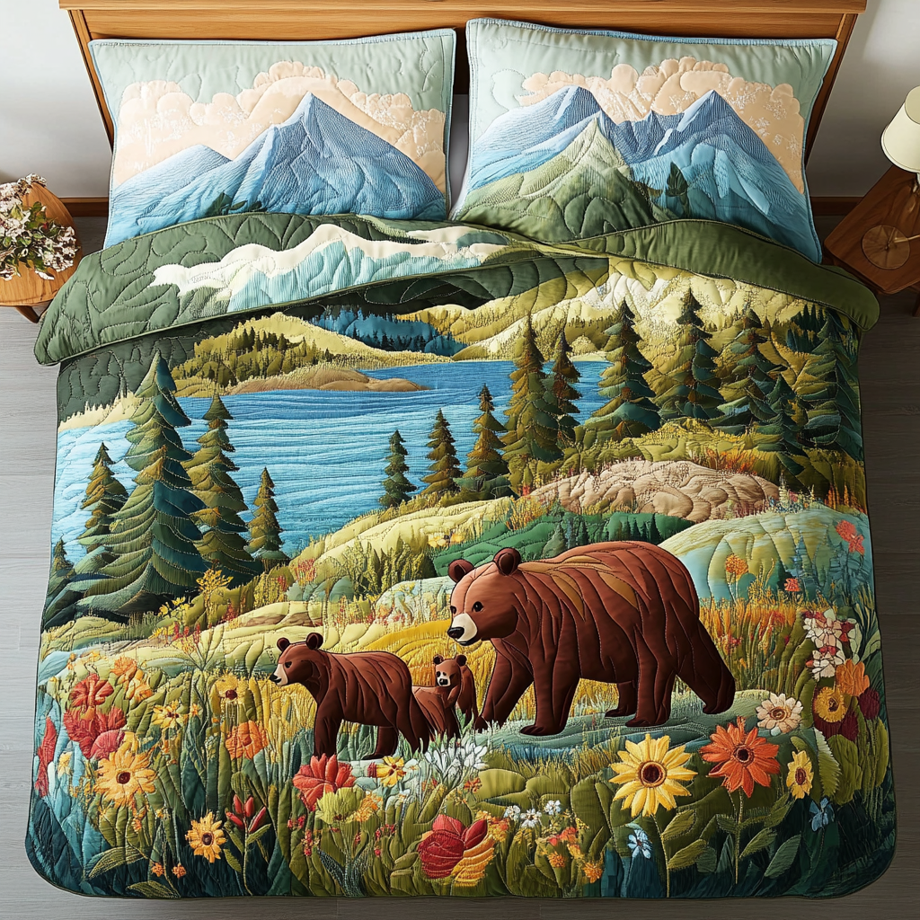 Bear Family Quilted Bedding Set Cute Bedroom Decor Best Gifts For Wildlife Lovers