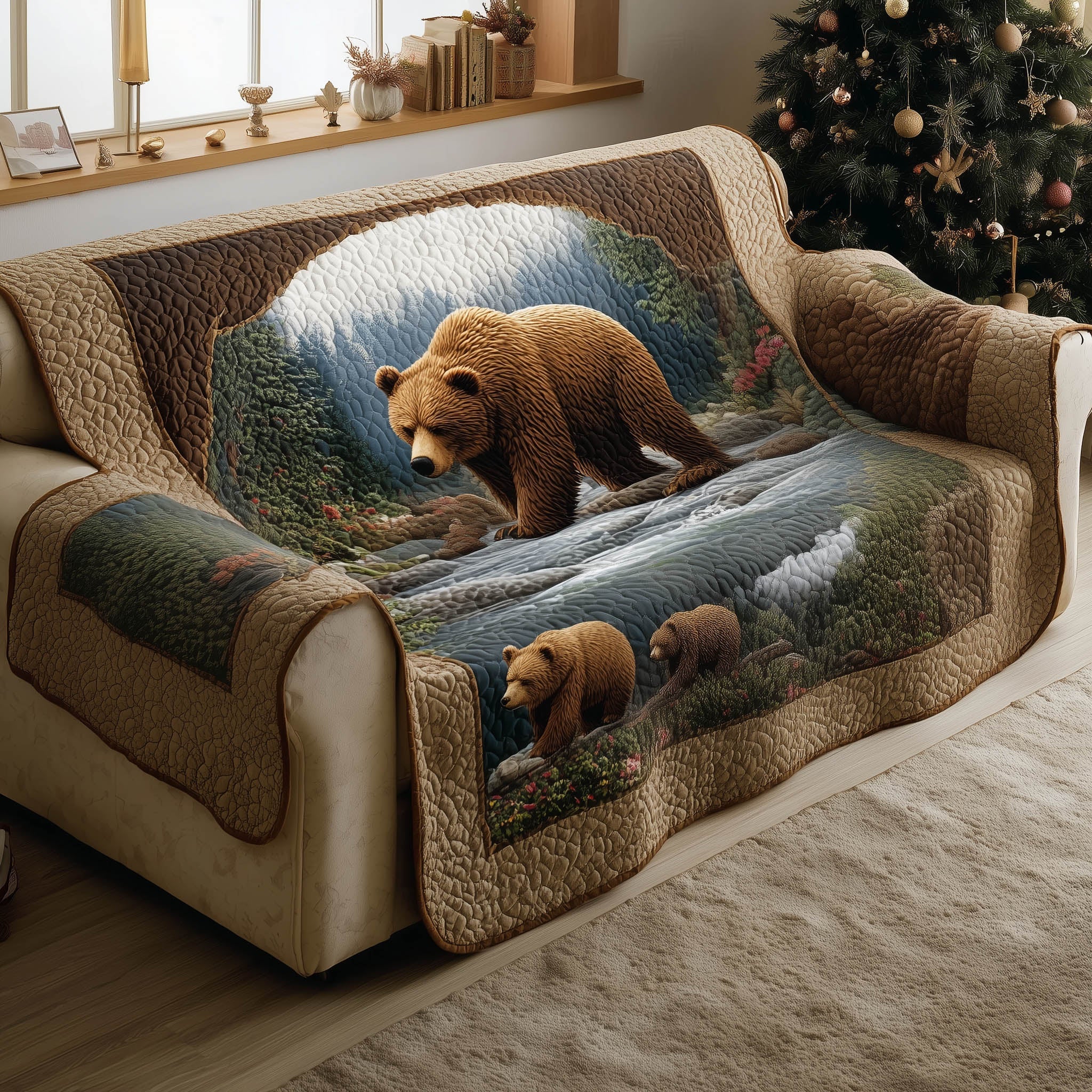 Bear Family Quilted Sofa Cover Big Animal Cub and Parent Bear Gifts For Dad