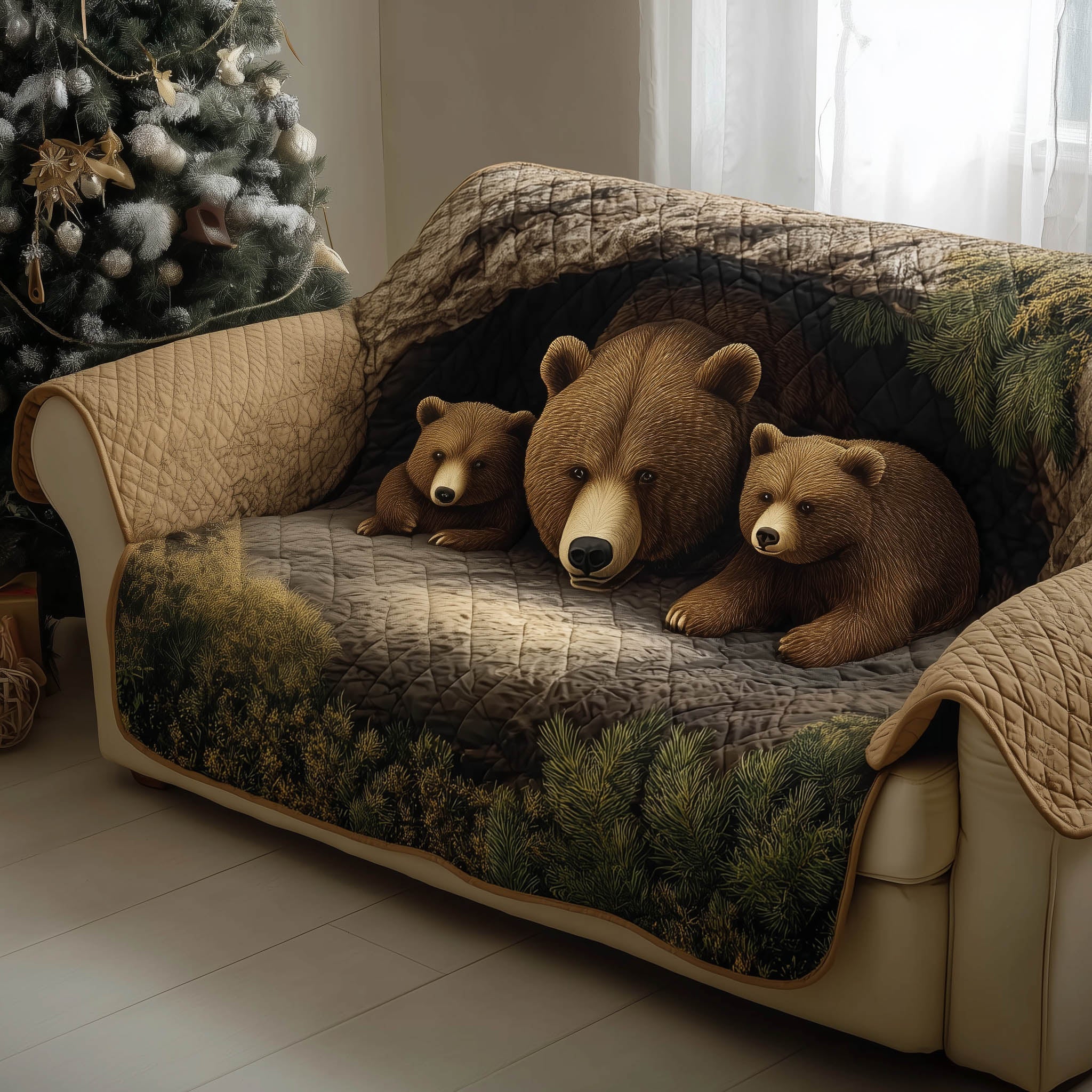 Bear Family Quilted Sofa Cover Warm Family Wildlife Cozy Sofa Throw Bear Gifts For Dad