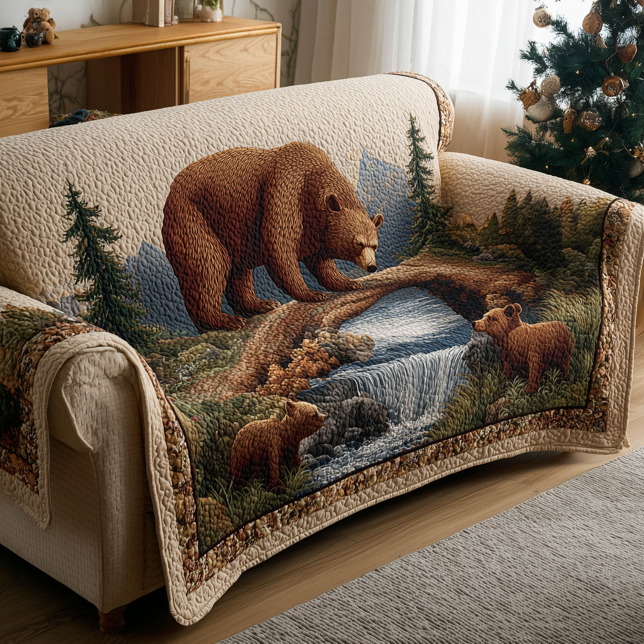 Bear Family Quilted Sofa Cover Woodland Wildlife Family Scene Bear Gifts For Dad