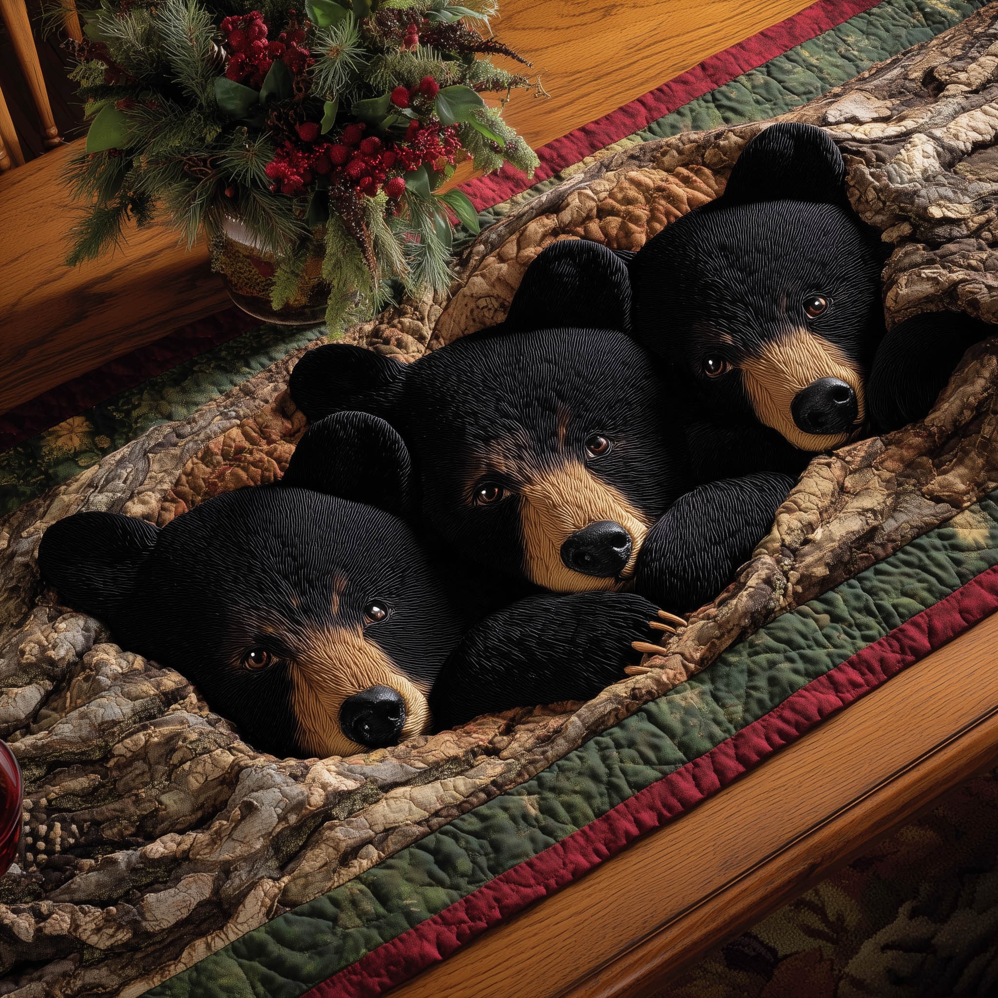 Bear Family Quilted Table Runner Rustic Kitchen Dining Decor Gift For Cozy Family Home